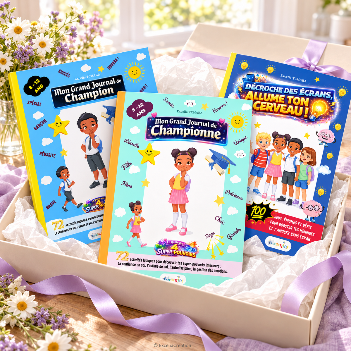Présentation cadeau avec les livres Championne, Champion et Décroche des écrans ExceliaKids