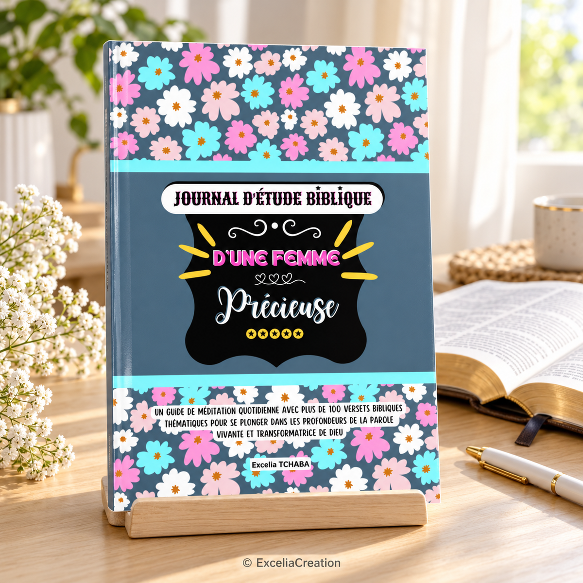 Couverture du Journal d’étude biblique Femme Précieuse près d’une Bible ouverte – © ExceliaCreation