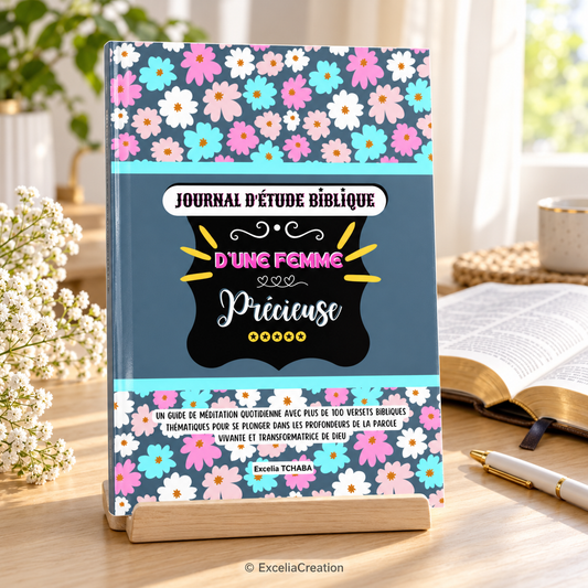 Couverture du Journal d’étude biblique Femme Précieuse près d’une Bible ouverte – © ExceliaCreation