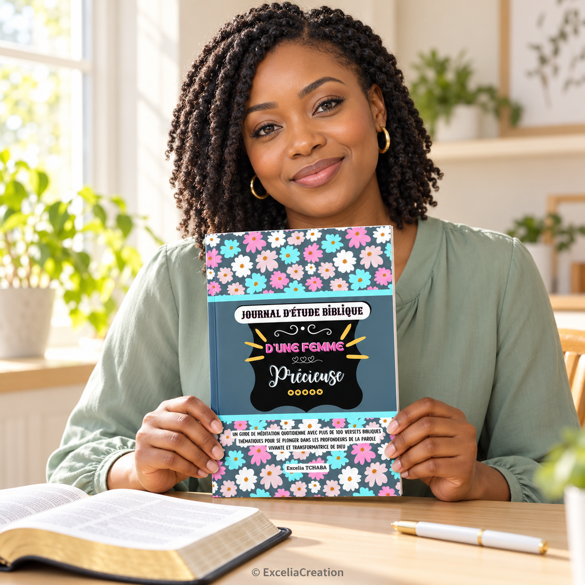 Jeune femme présentant son journal d’étude biblique – © ExceliaCreation