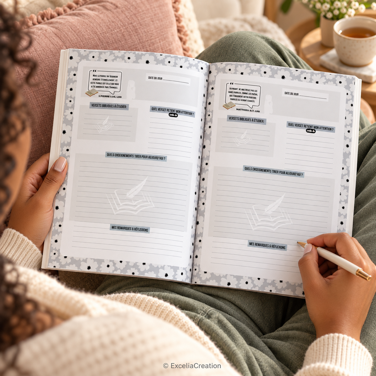 Écriture dans les pages d’étude biblique sur un canapé – © ExceliaCreation