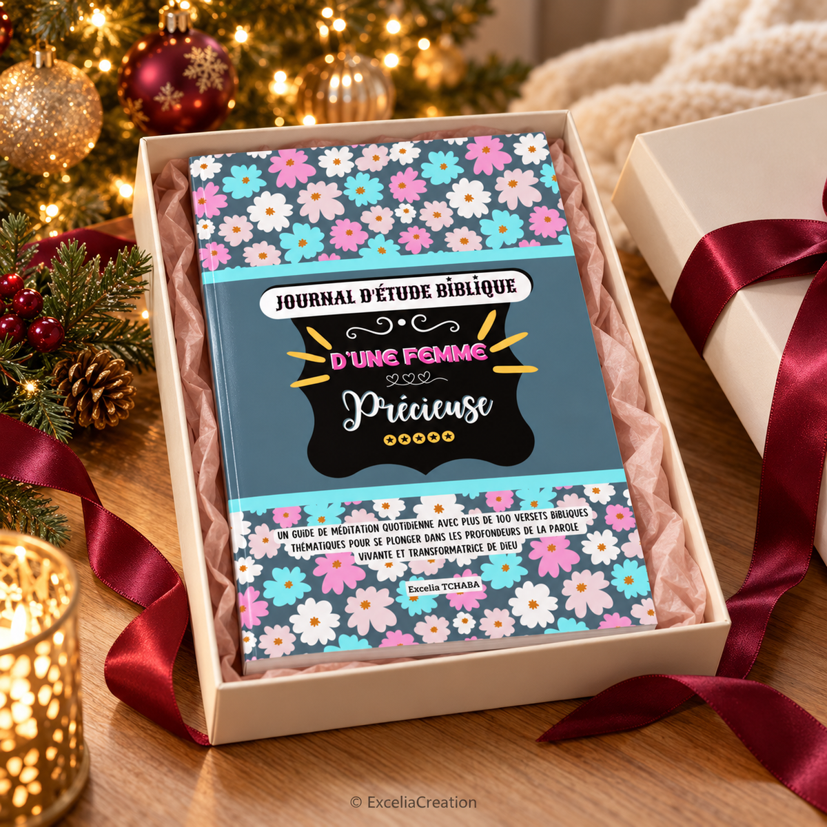 Présentation de Noël du journal dans un coffret ouvert près du sapin – © ExceliaCreation