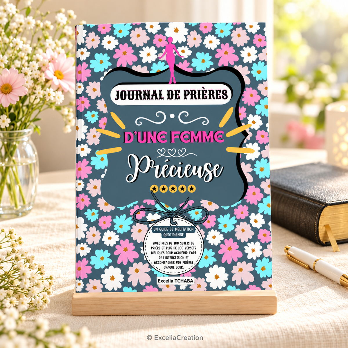 Couverture du Journal de prières d’une Femme Précieuse dans une ambiance de méditation – © ExceliaCreation