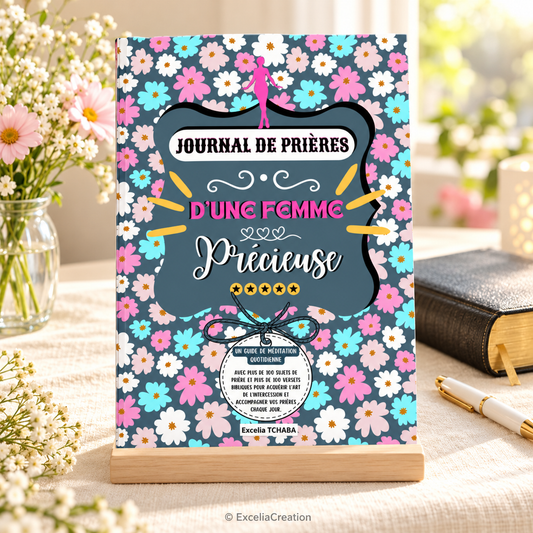 Couverture du Journal de prières d’une Femme Précieuse dans une ambiance de méditation – © ExceliaCreation