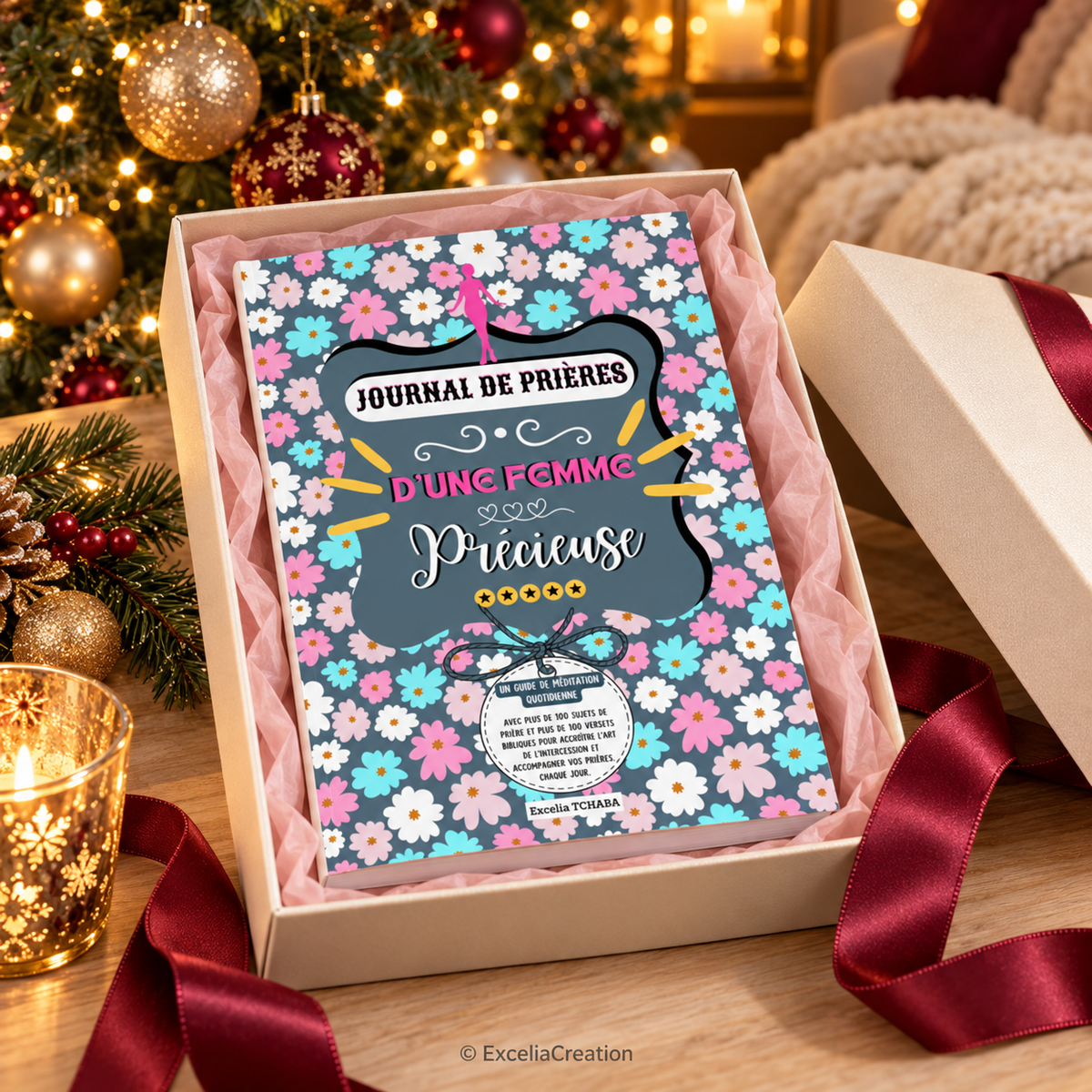 Présentation de Noël du journal dans un coffret ouvert près du sapin – © ExceliaCreation