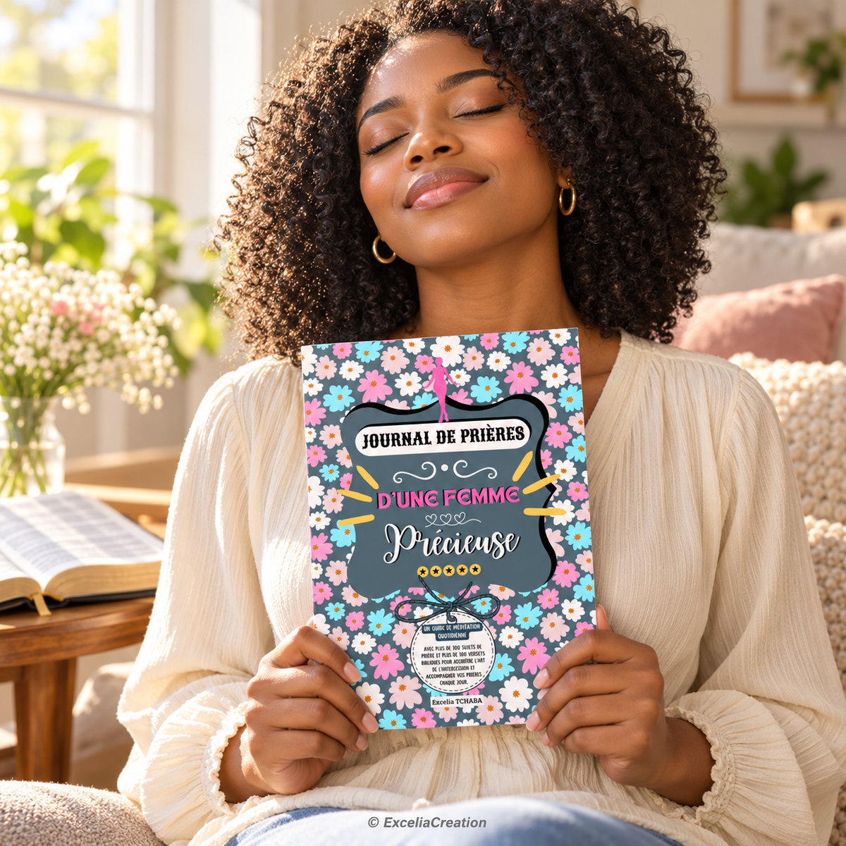 Jeune femme tenant son journal pendant un moment de prière – © ExceliaCreation