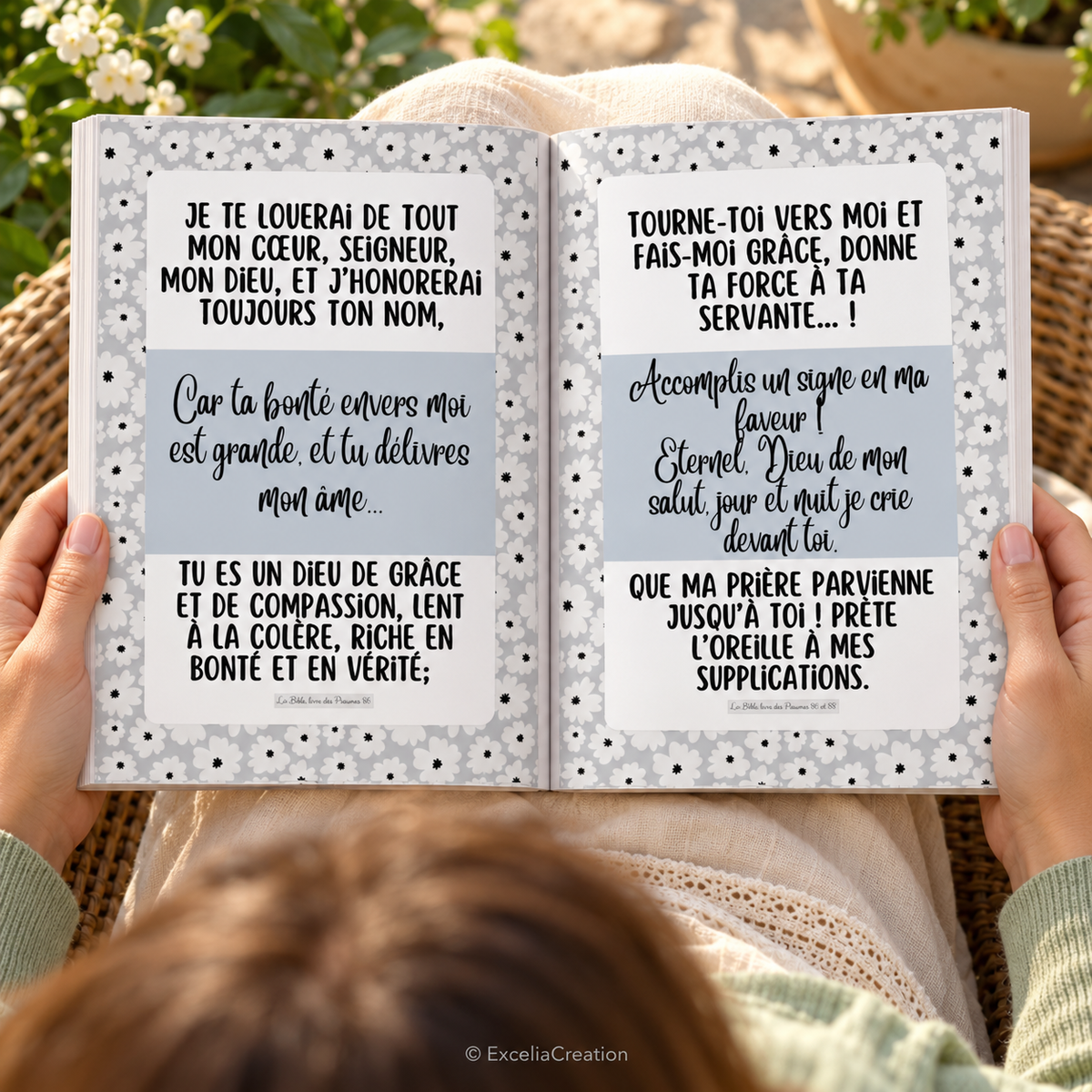 Lecture des pages bibliques du journal dans un jardin – © ExceliaCreation