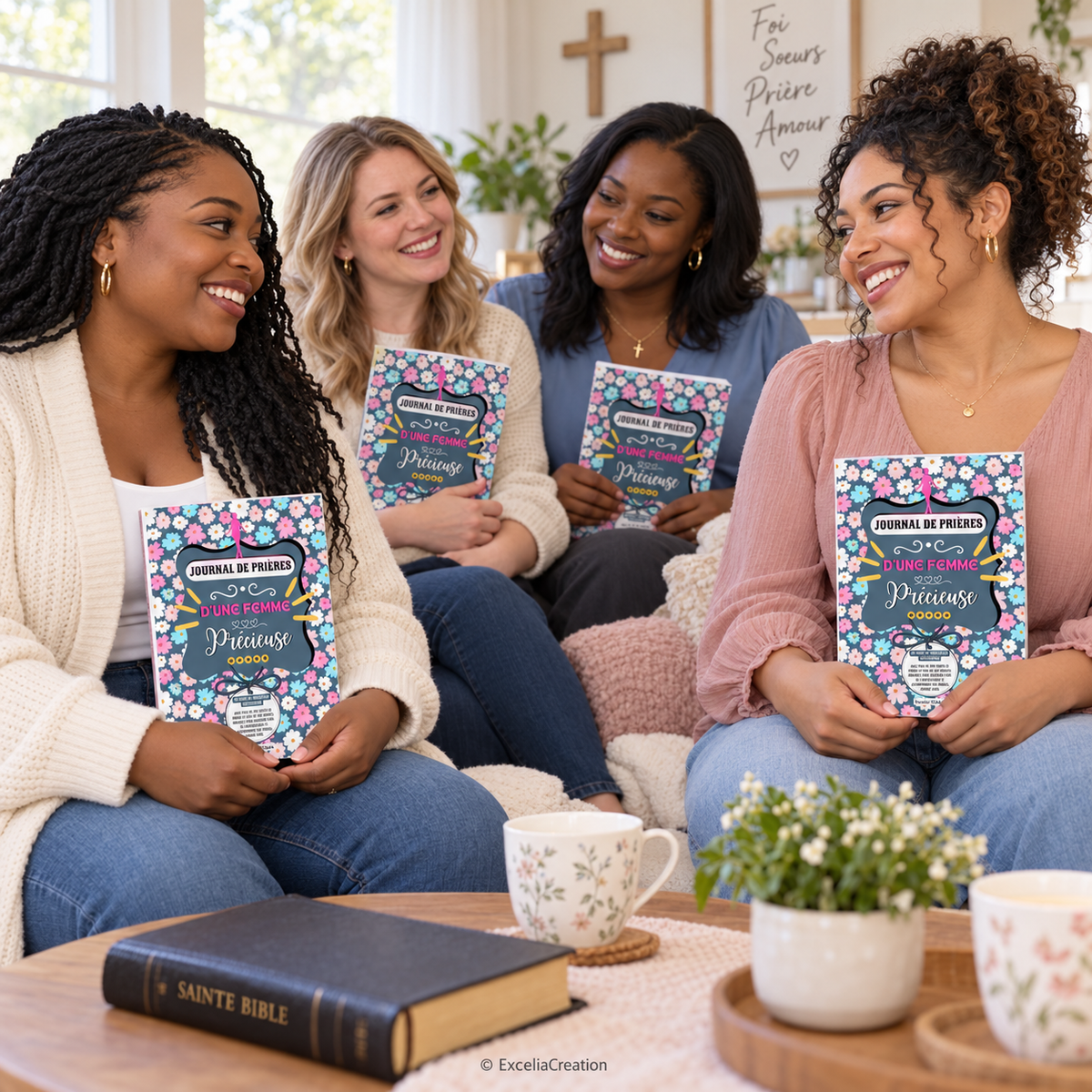Groupe de quatre femmes avec leurs journaux de prières – © ExceliaCreation