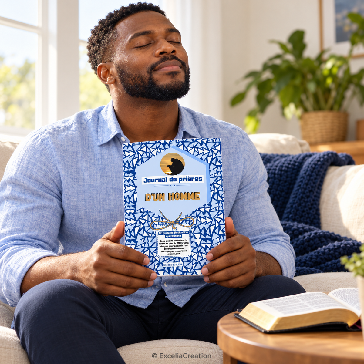 Homme tenant son journal pendant un moment de prière – © ExceliaCreation