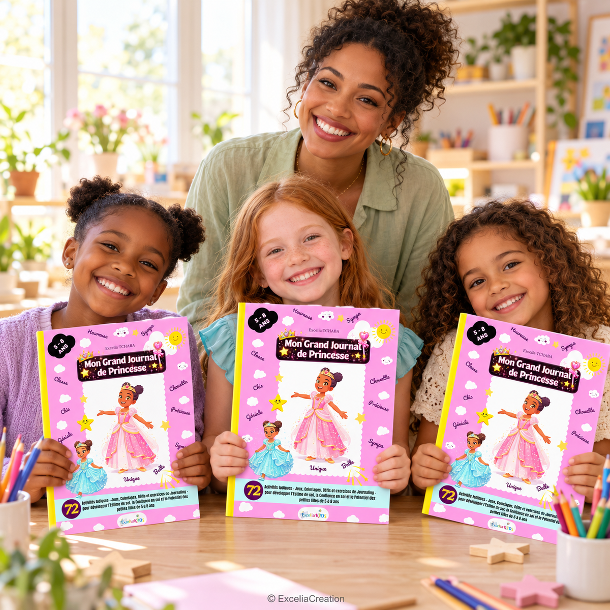 Atelier avec trois petites filles et leur animatrice