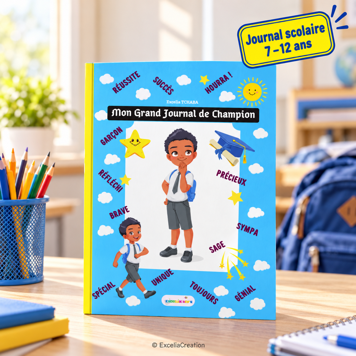 Couverture du journal scolaire Champion 7–12 ans avec tampon bleu et jaune
