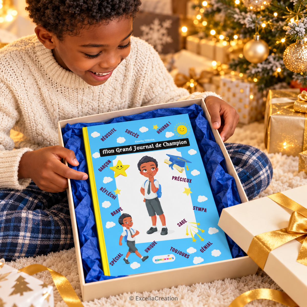 Un enfant découvre le journal Champion à Noël, coffret et décor de mise en scène