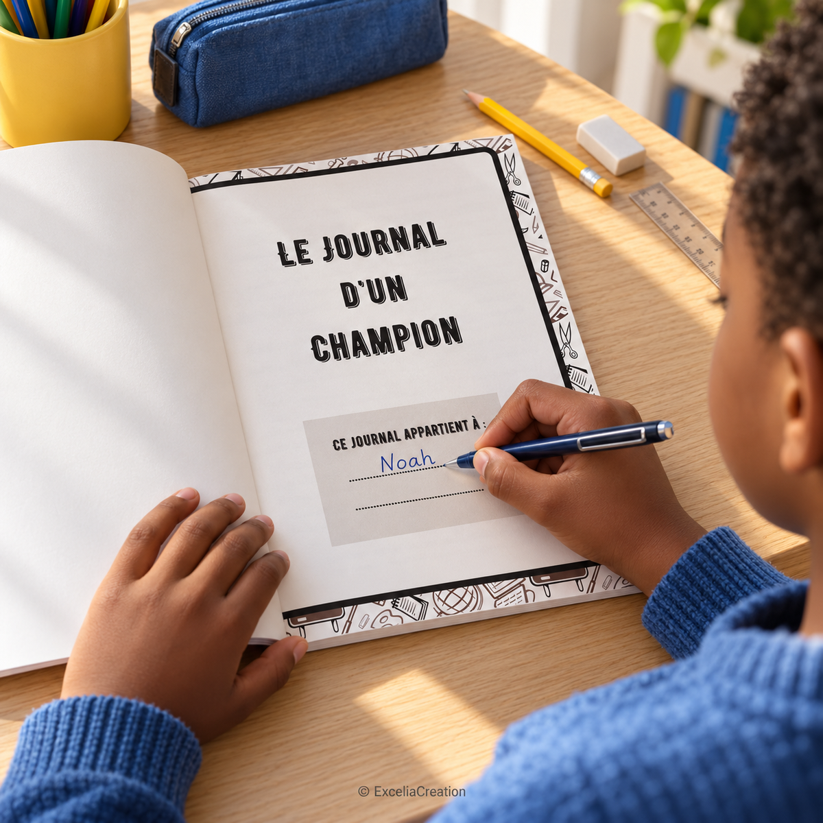 Un enfant inscrit son prénom dans son journal de Champion