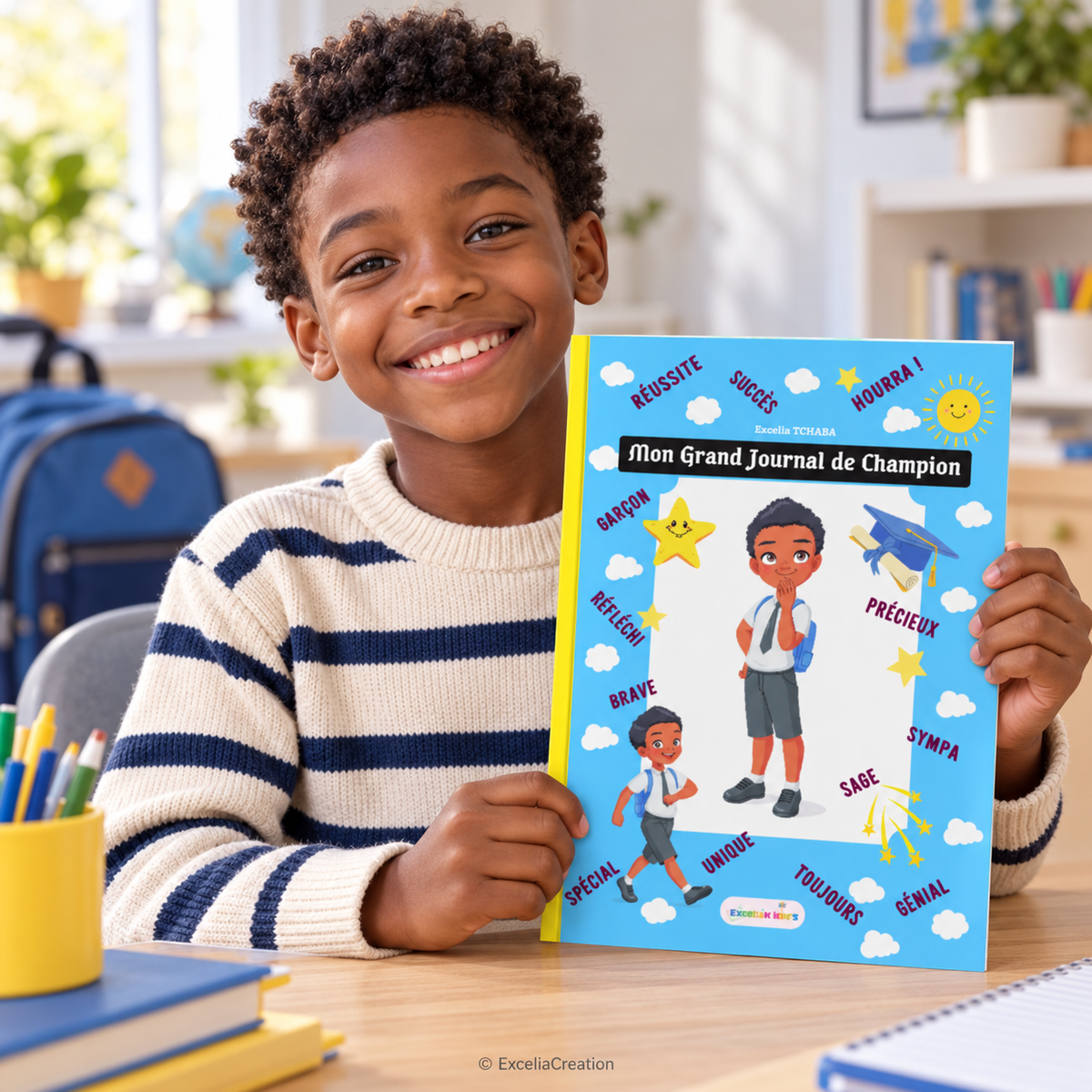 Un enfant présente son journal scolaire Champion