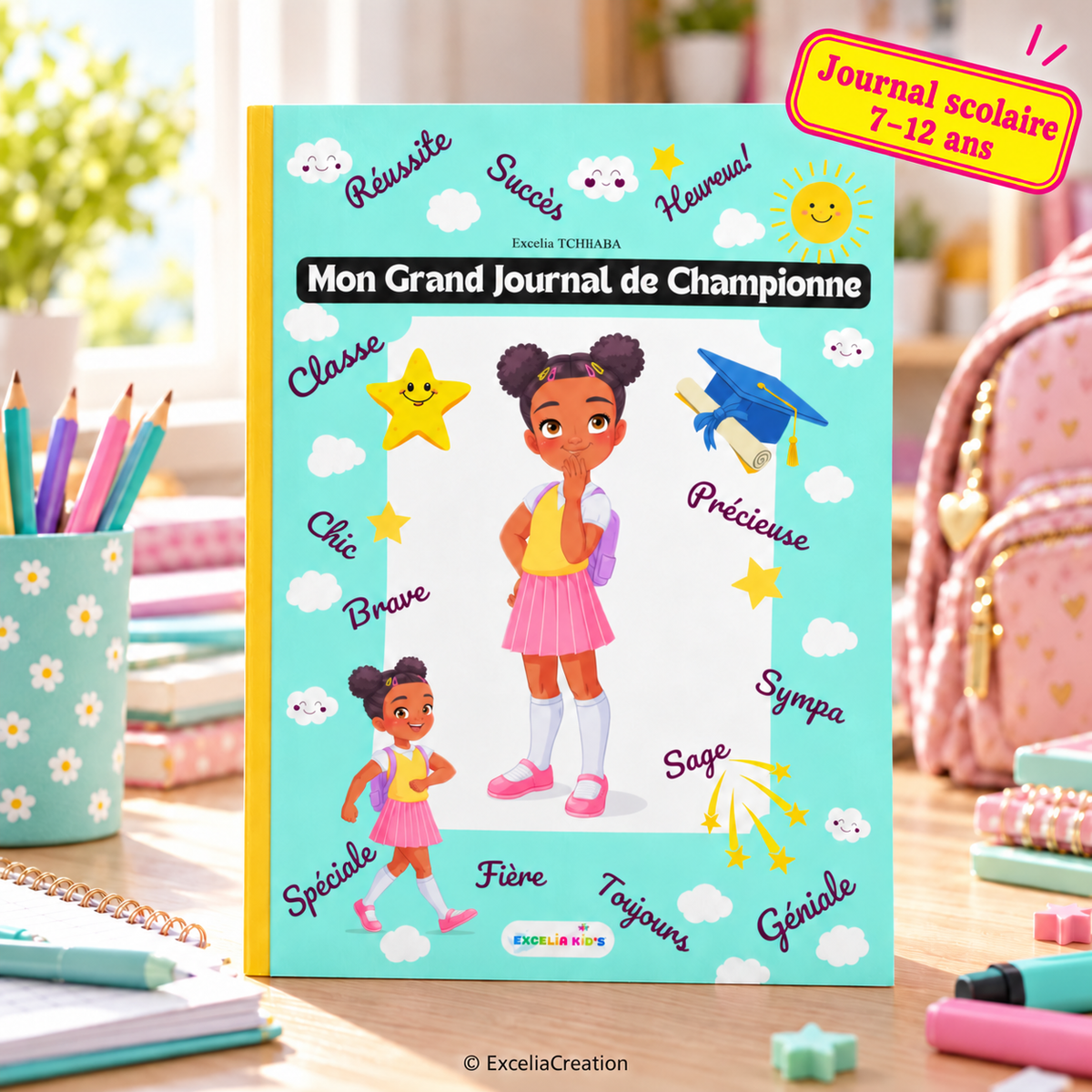 Couverture du journal scolaire Championne 7–12 ans, tampon fuchsia sur fond jaune