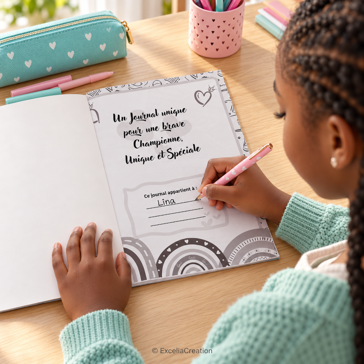 Une enfant inscrit son prénom dans son journal de Championne
