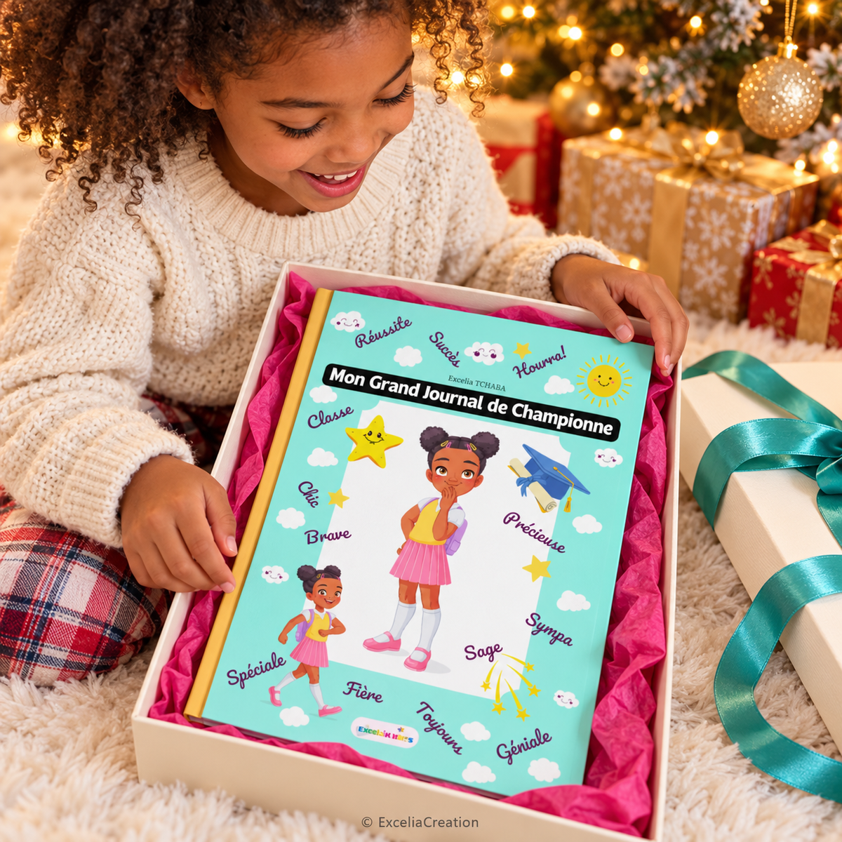Une enfant découvre le journal Championne à Noël, coffret et décor de mise en scène