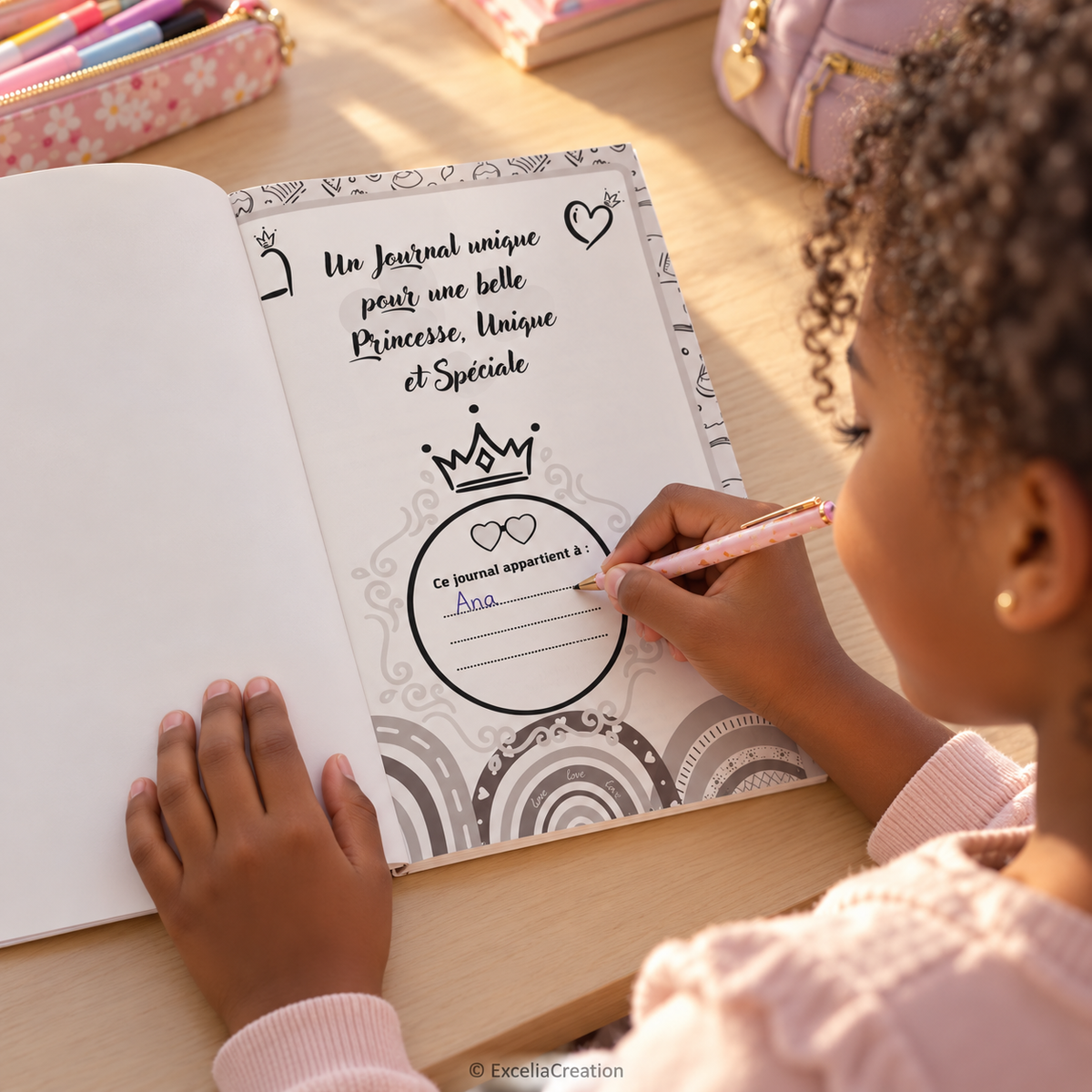 Une enfant inscrit son prénom dans son journal