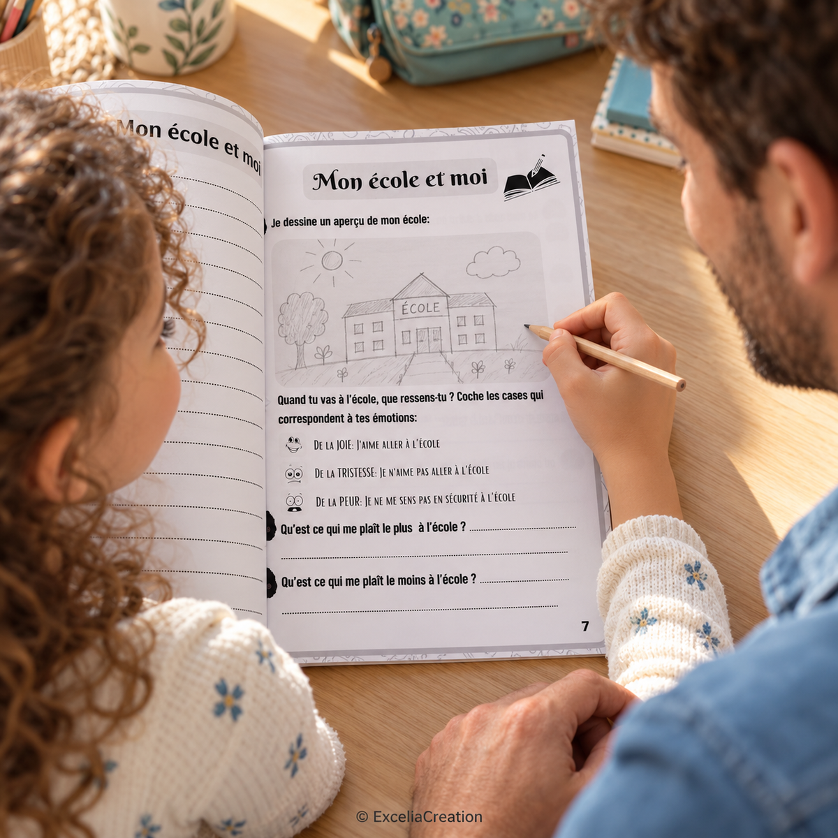 Père et fille autour de la page Mon école et moi