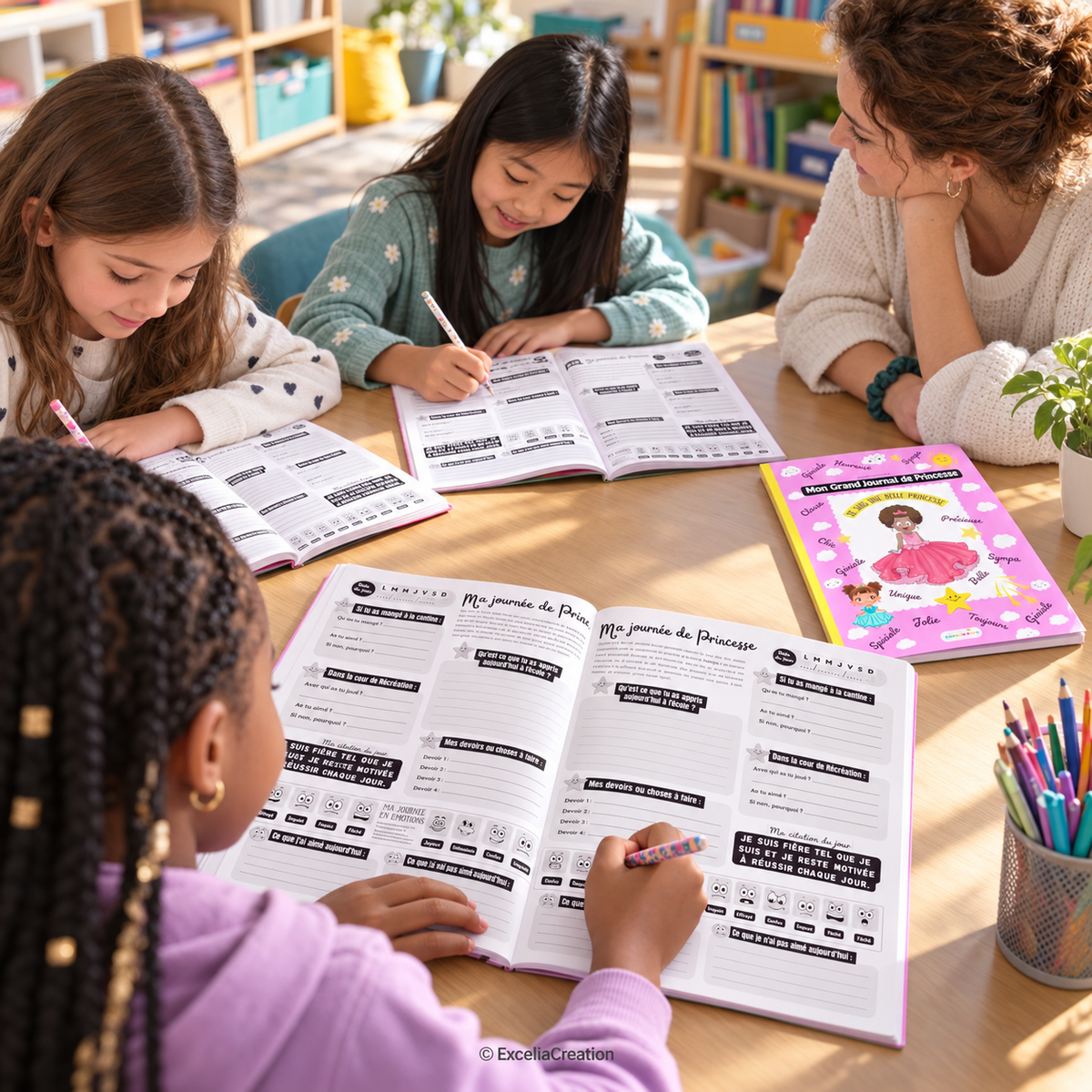 Atelier de journaux scolaires accompagné par une animatrice
