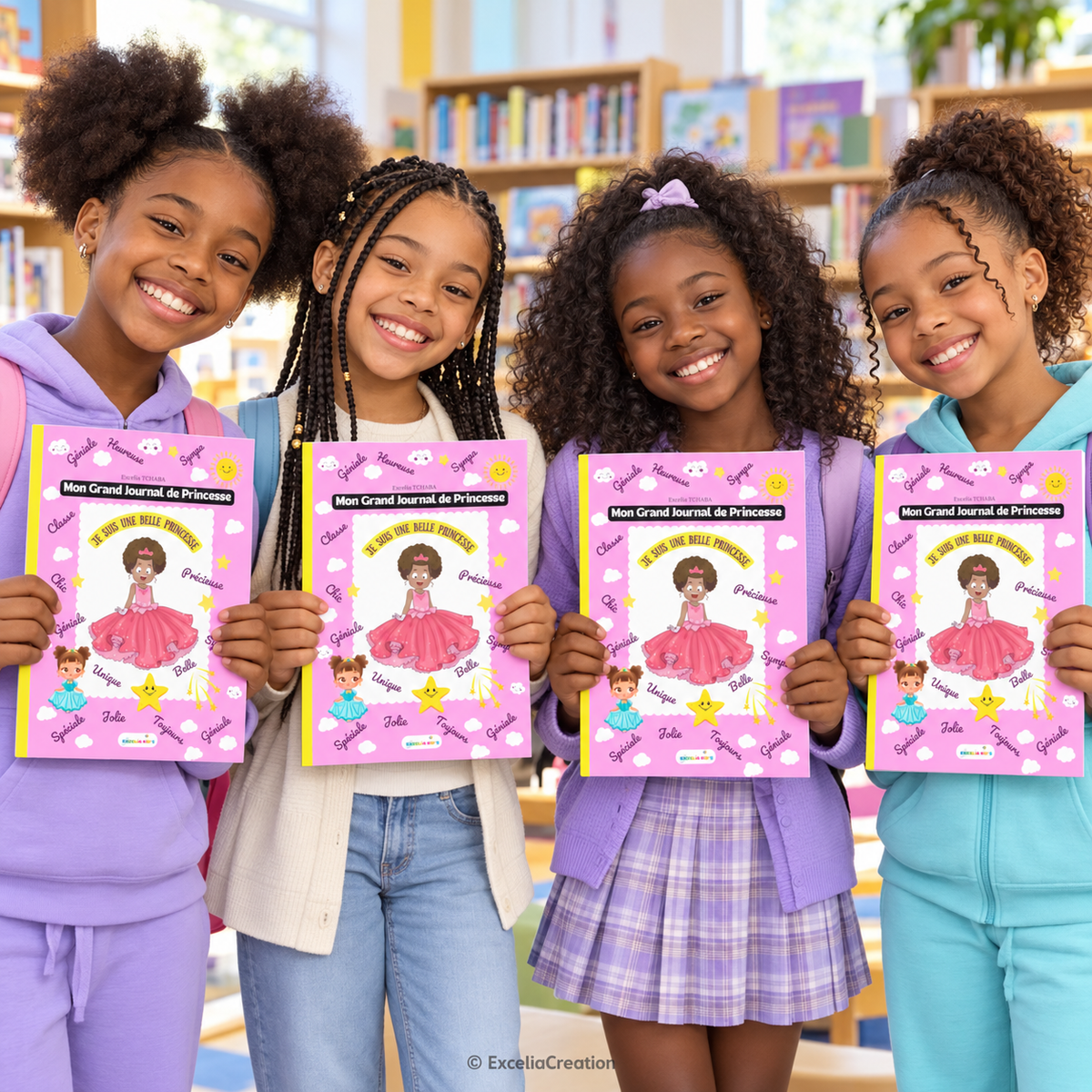 Quatre petites filles noires et métisses présentent leurs journaux