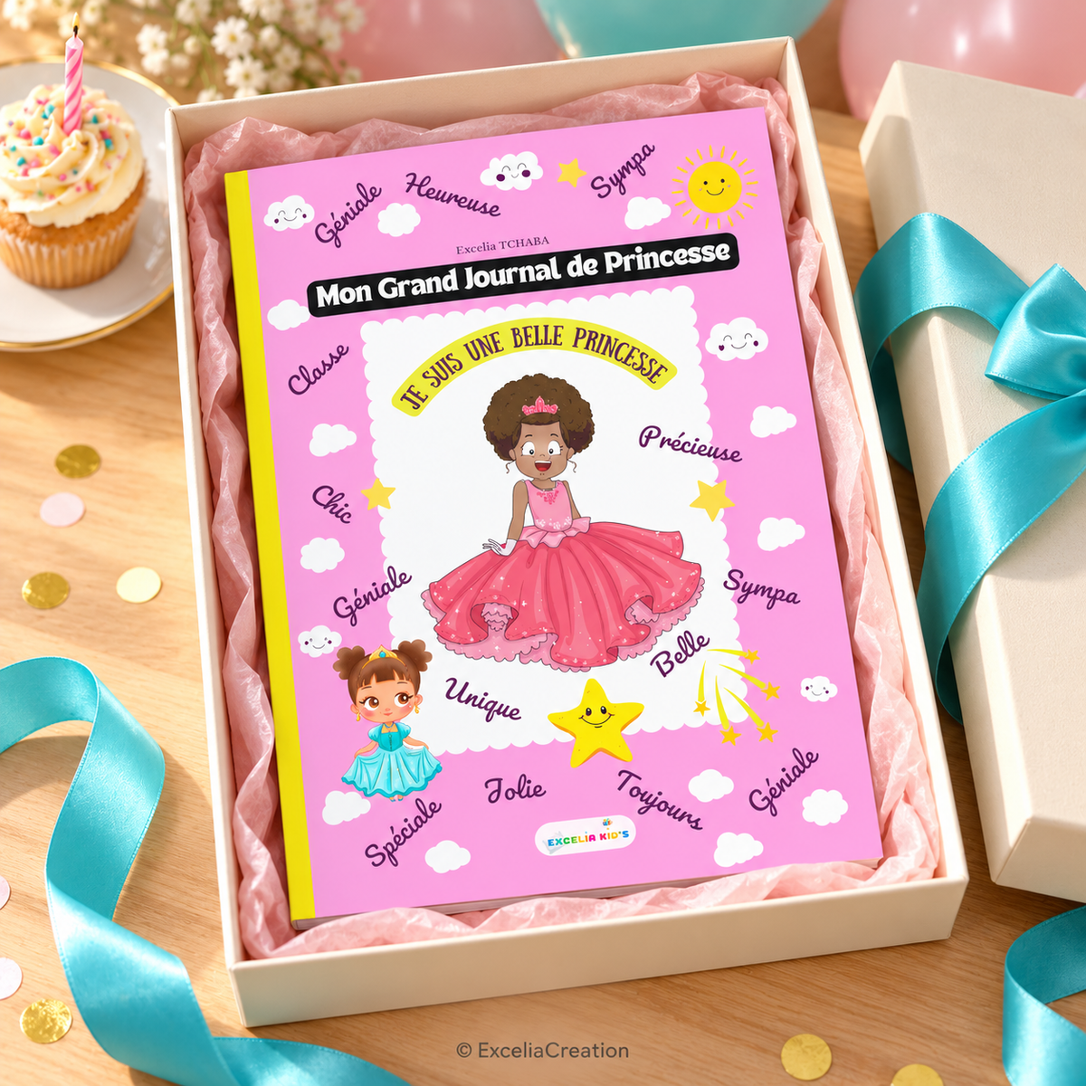 Idée cadeau anniversaire : journal présenté dans un coffret ouvert, accessoires de mise en scène
