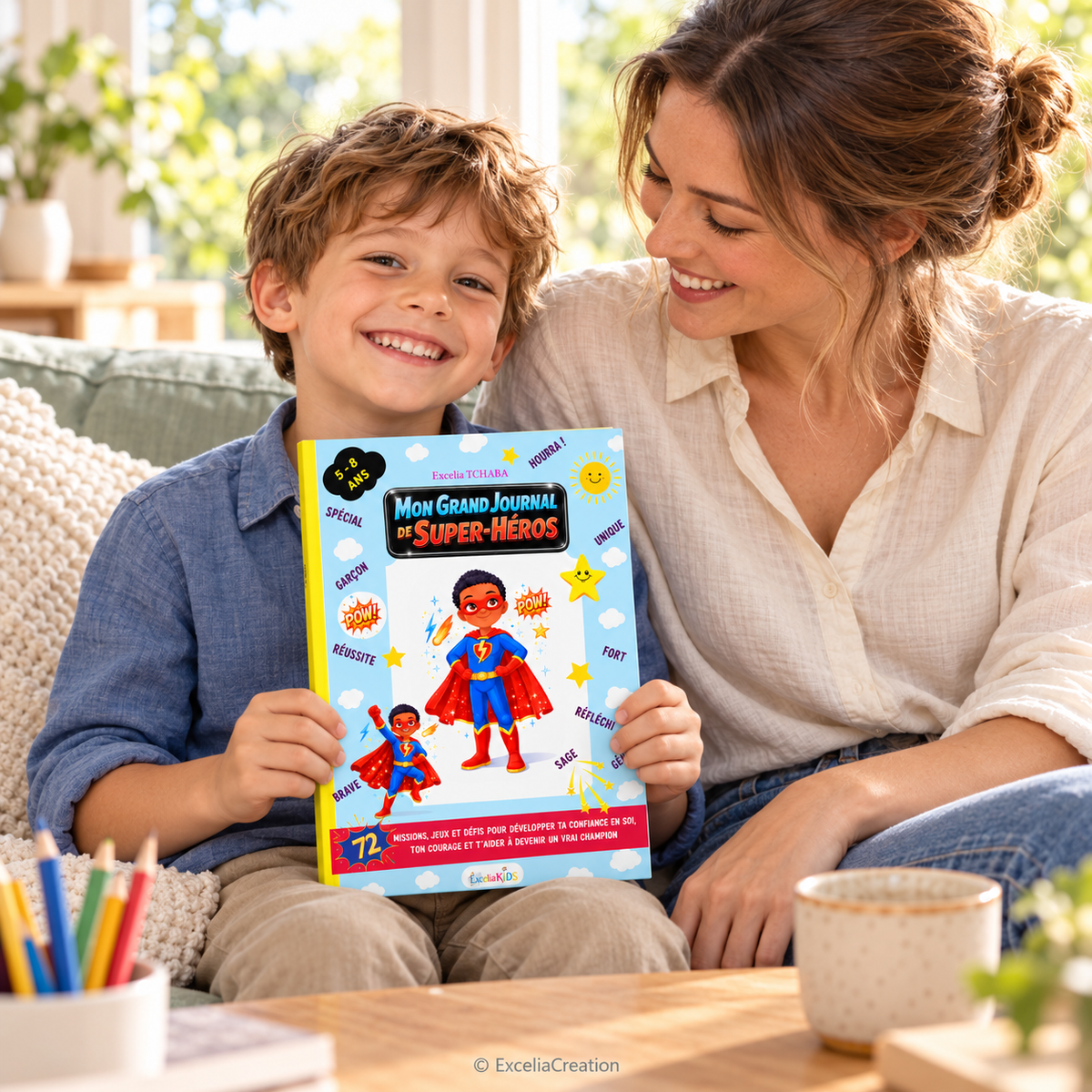 Moment mère-fils avec le Journal de Super-Héros