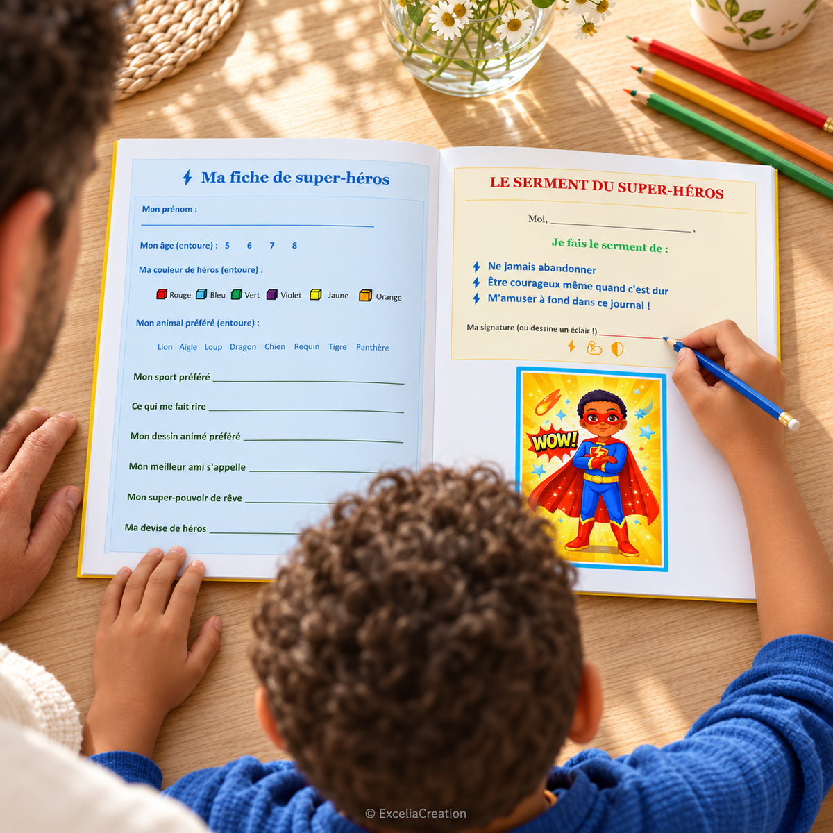 Fiche et serment du super-héros en activité père-fils