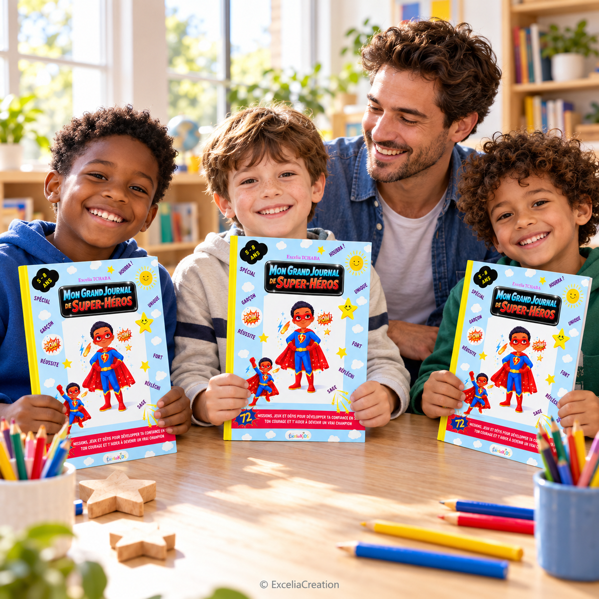 Atelier avec trois enfants et leur animateur