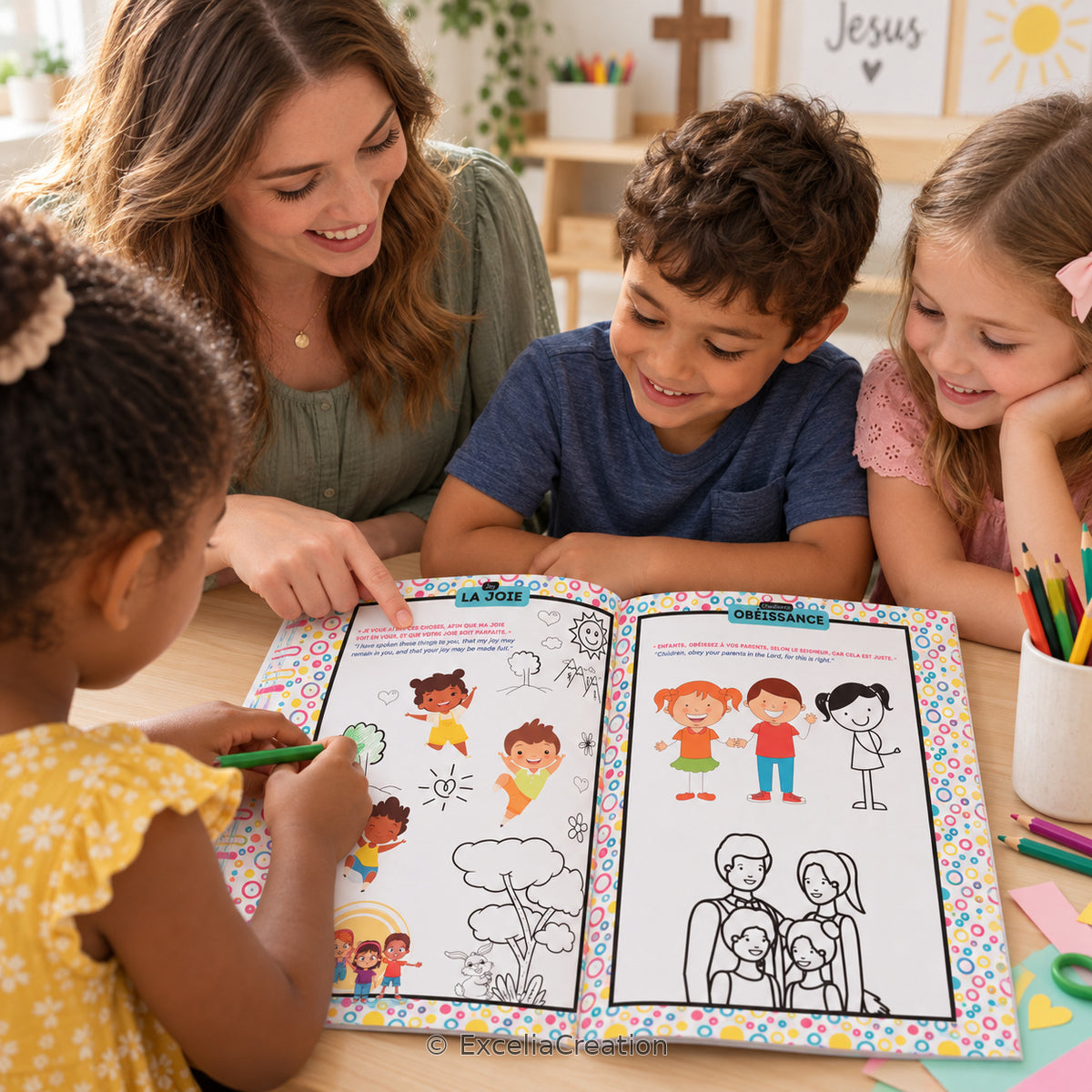 Lecture et coloriage en petit groupe avec une accompagnatrice