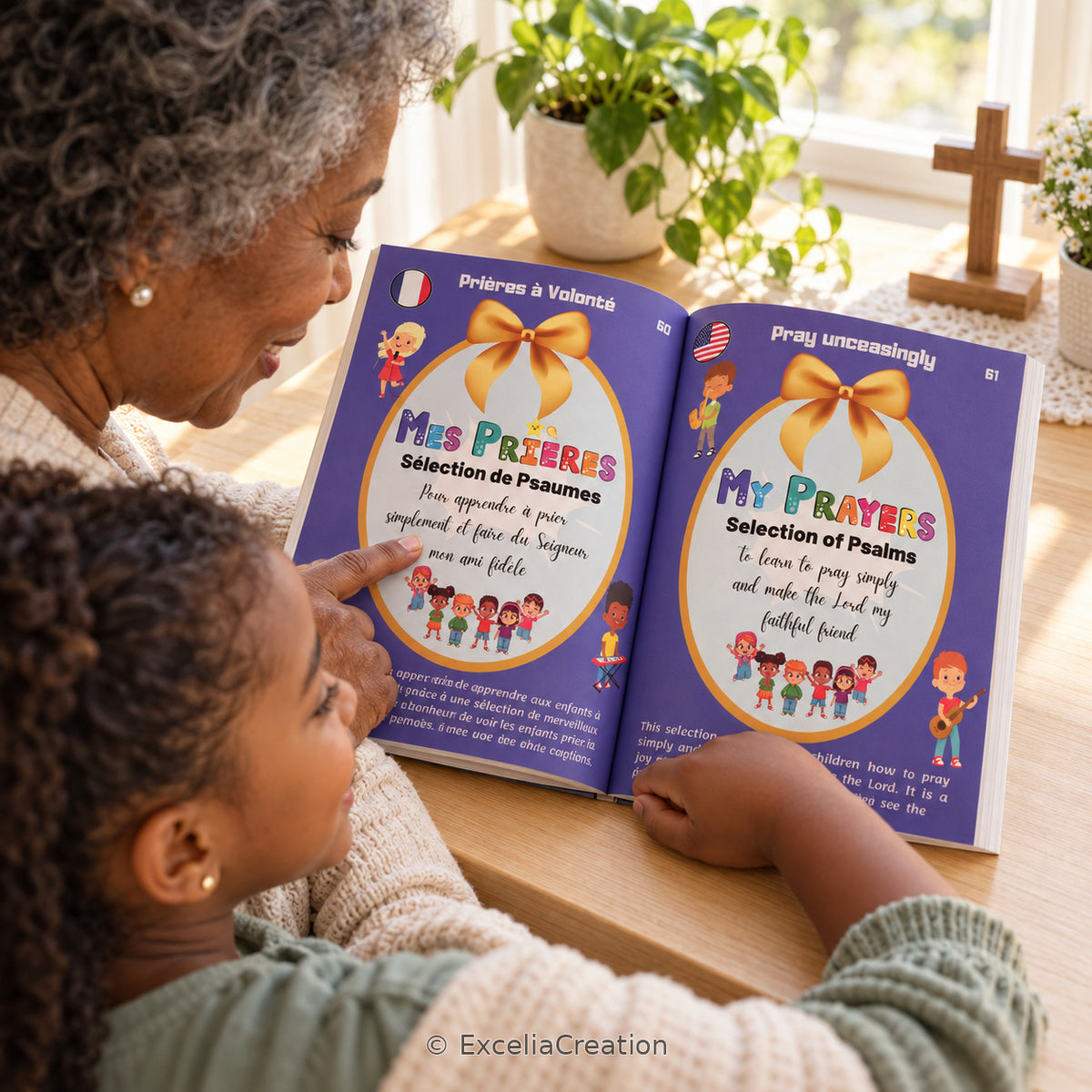 Grand-mère et petite-fille découvrant les prières en français et en anglais