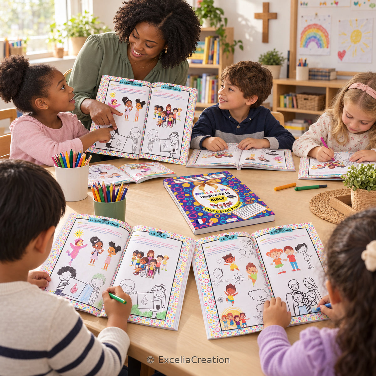 Enfants utilisant leurs livres à l’école du dimanche avec une monitrice