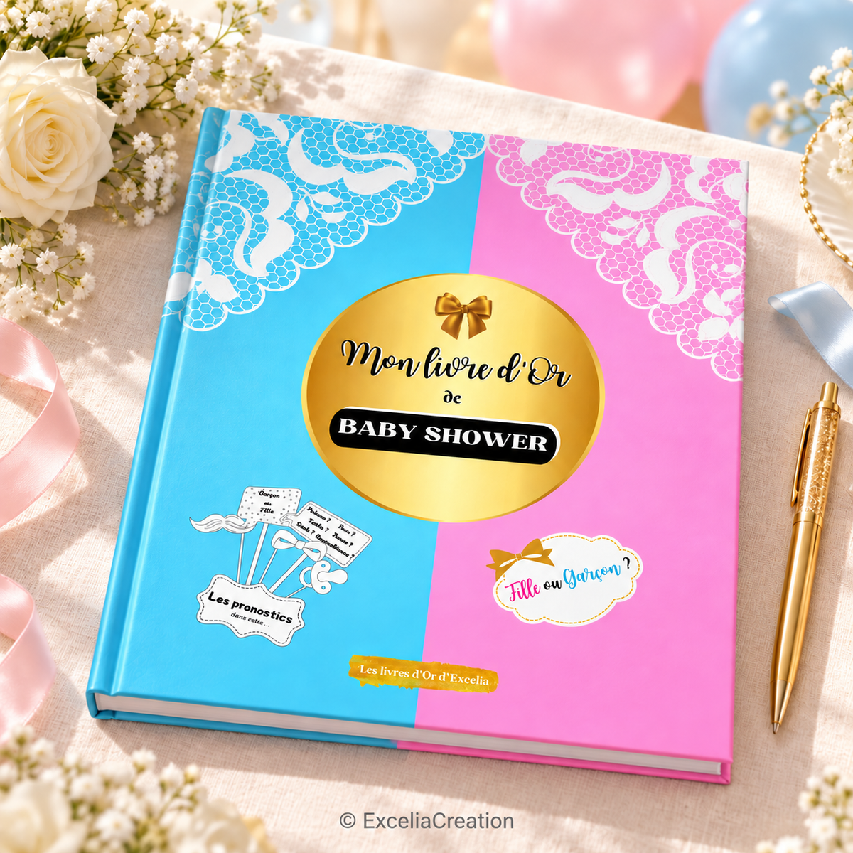 Couverture du livre d’or baby shower sur une table avec fleurs et rubans