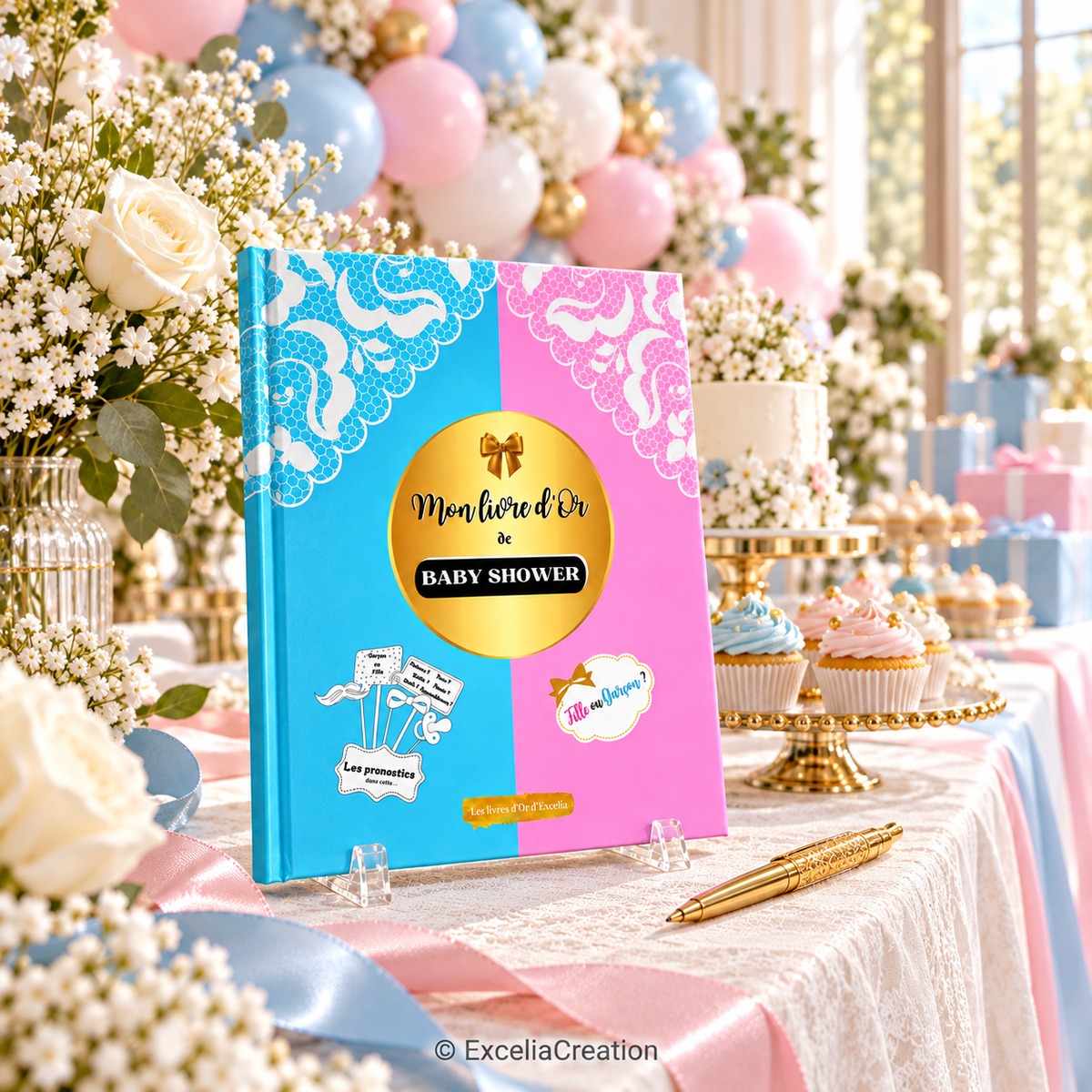 Livre d’or debout sur une table de baby shower avec ballons, fleurs et cupcakes