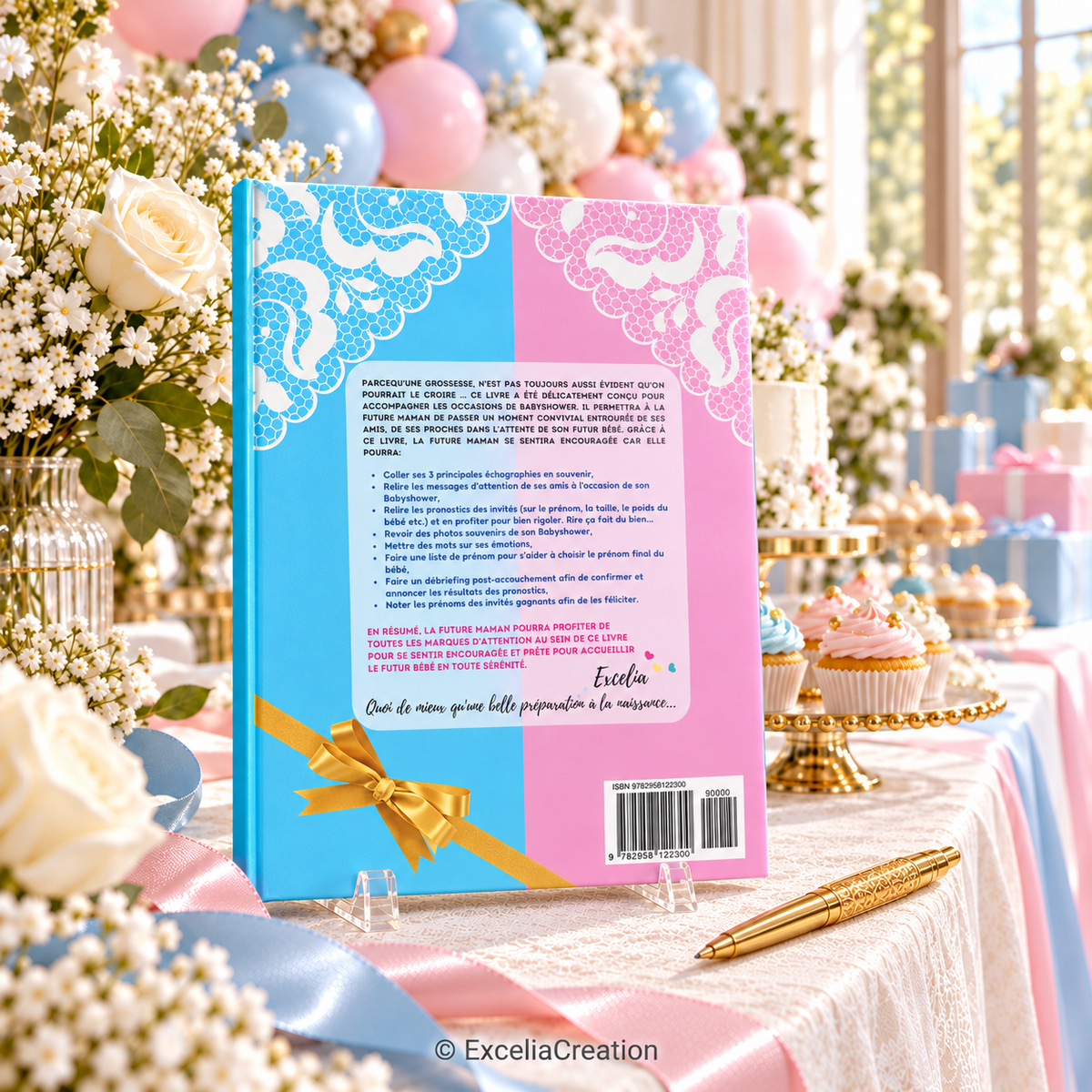 Dos du livre d’or baby shower debout dans un décor rose et bleu