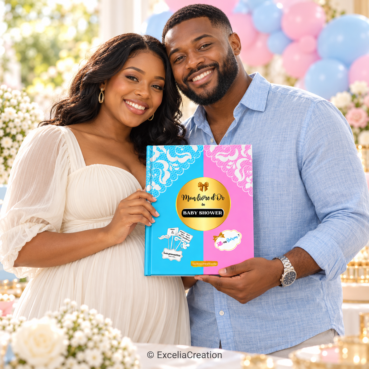 Futurs parents tenant ensemble leur livre d’or baby shower