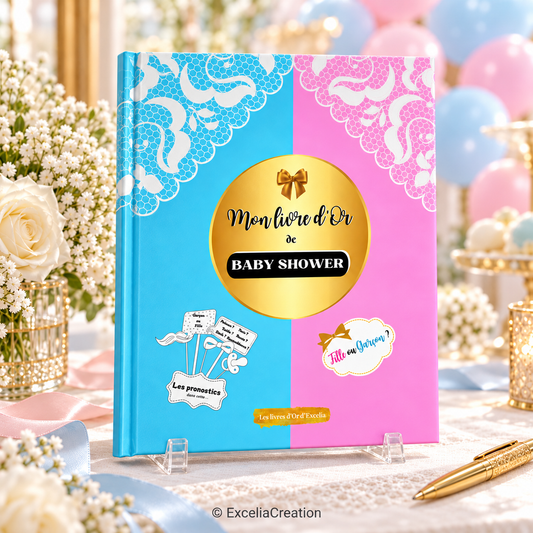 Livre d’or baby shower debout, couverture rose et bleue dans un décor de fête
