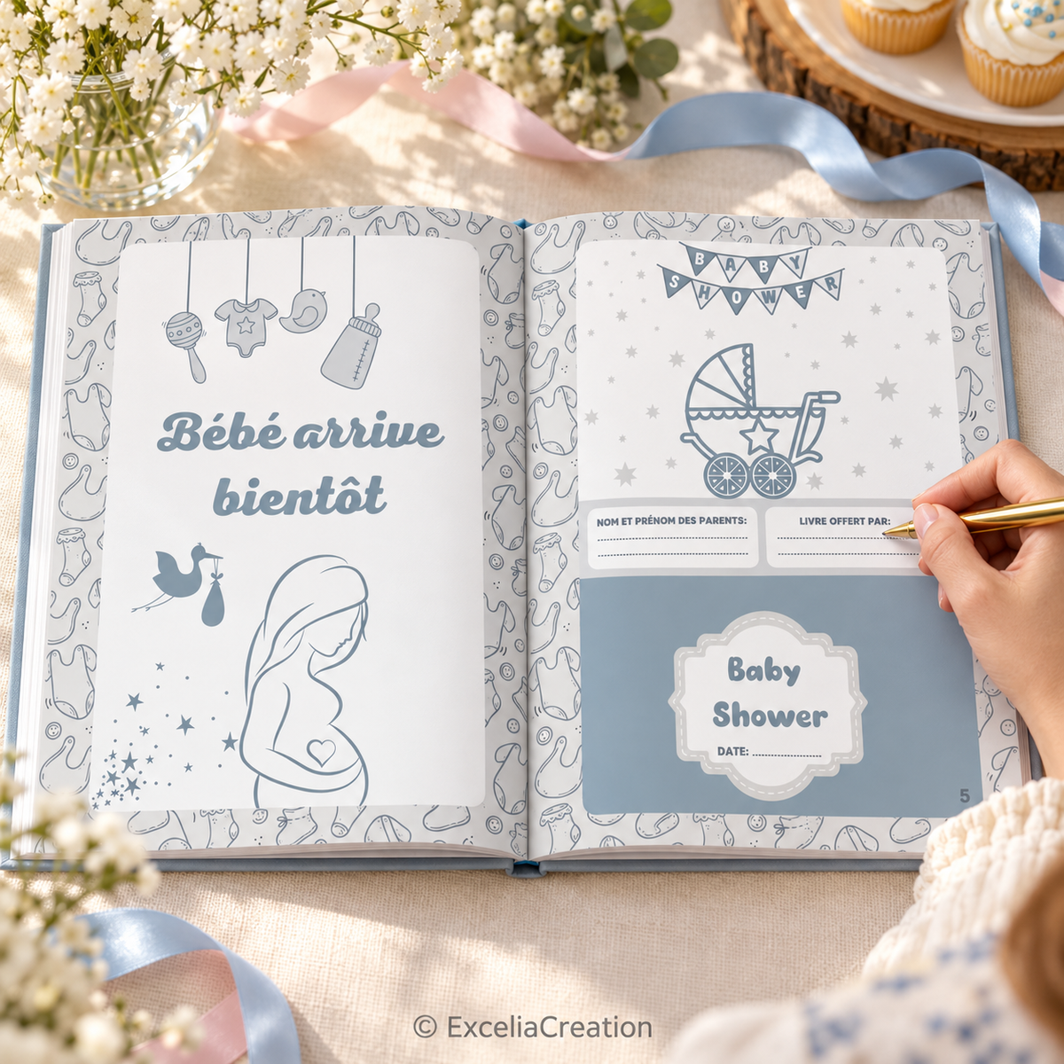 Pages Bébé arrive bientôt et informations des parents du livre d’or baby shower