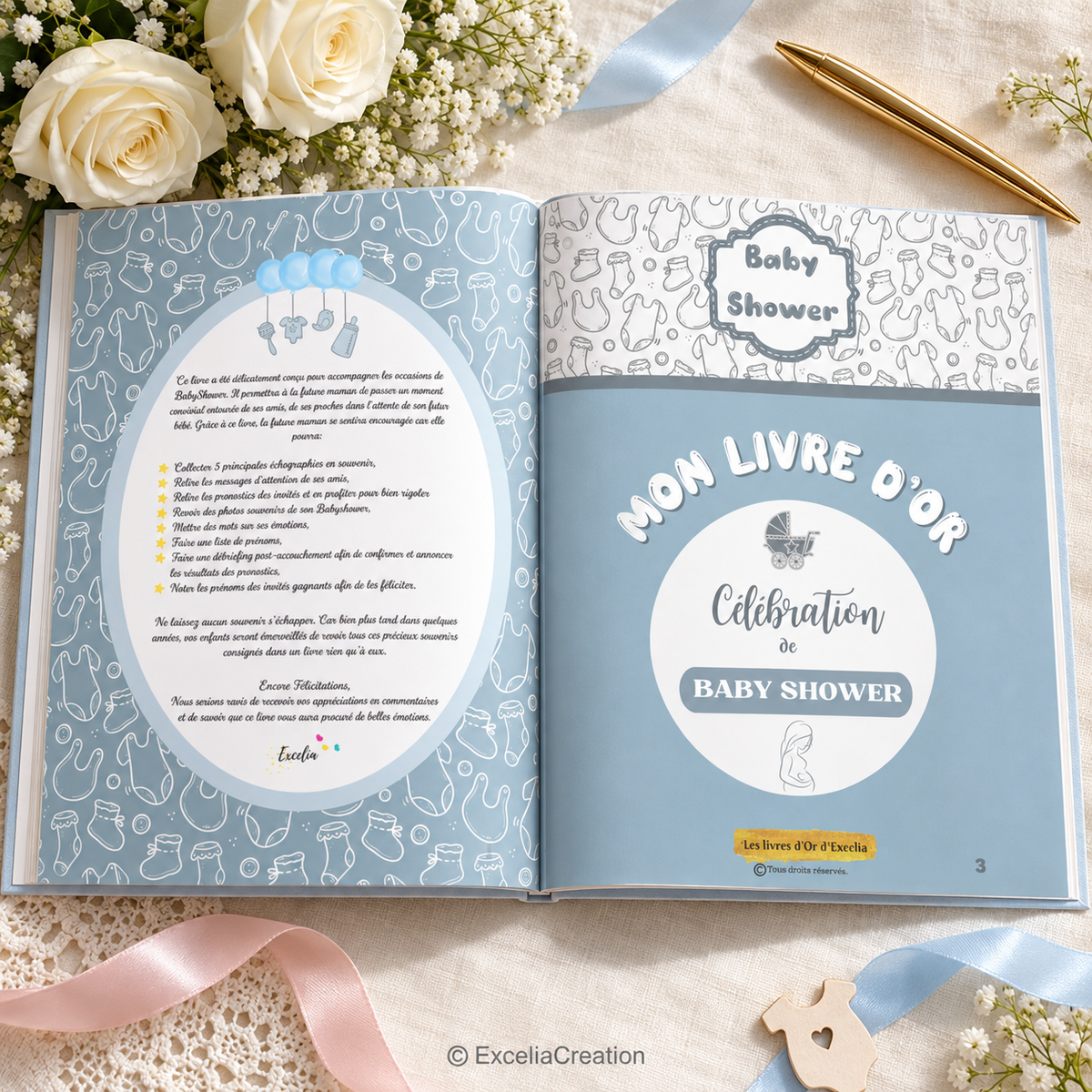 Livre d’or baby shower ouvert sur la présentation et la page de titre