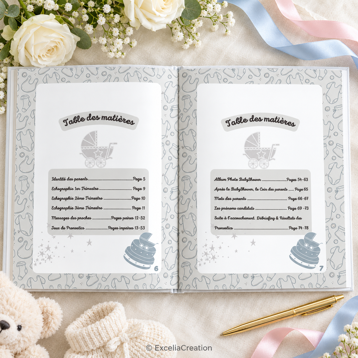 Double page de table des matières du livre d’or baby shower