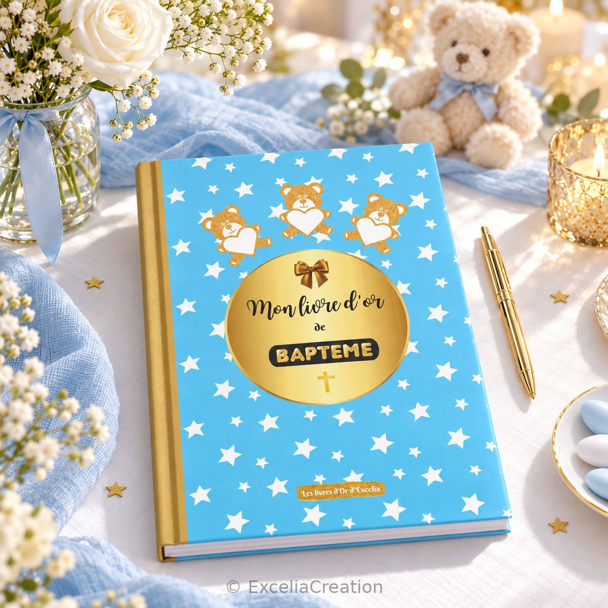 Livre d’or de baptême bleu étoilé présenté sur une table de fête