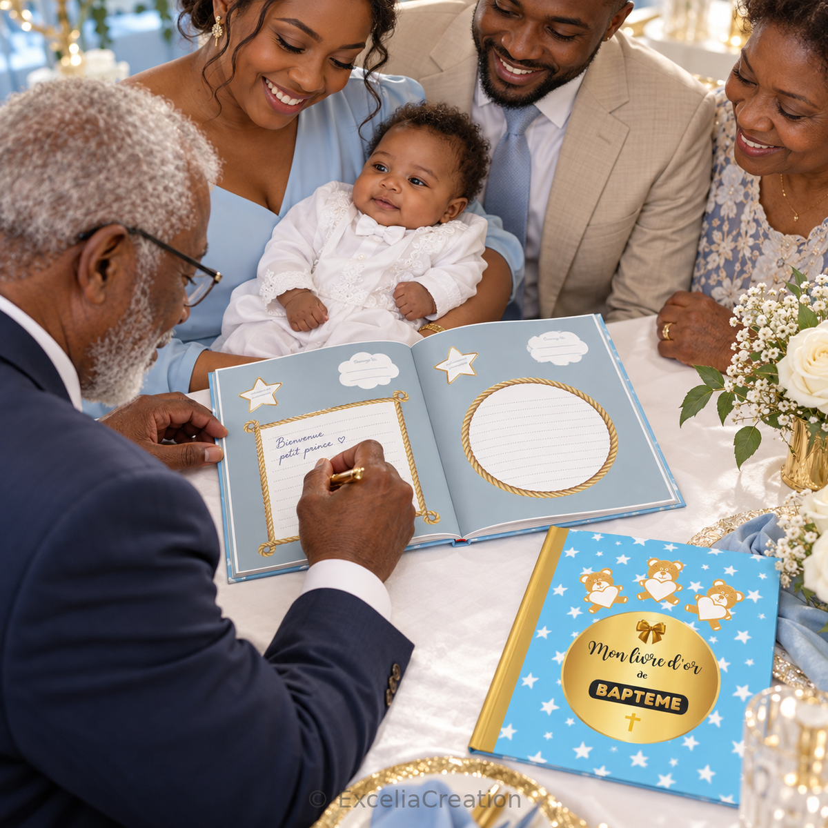 Livre d’or de baptême bleu étoilé — Livre d’or de baptême en famille