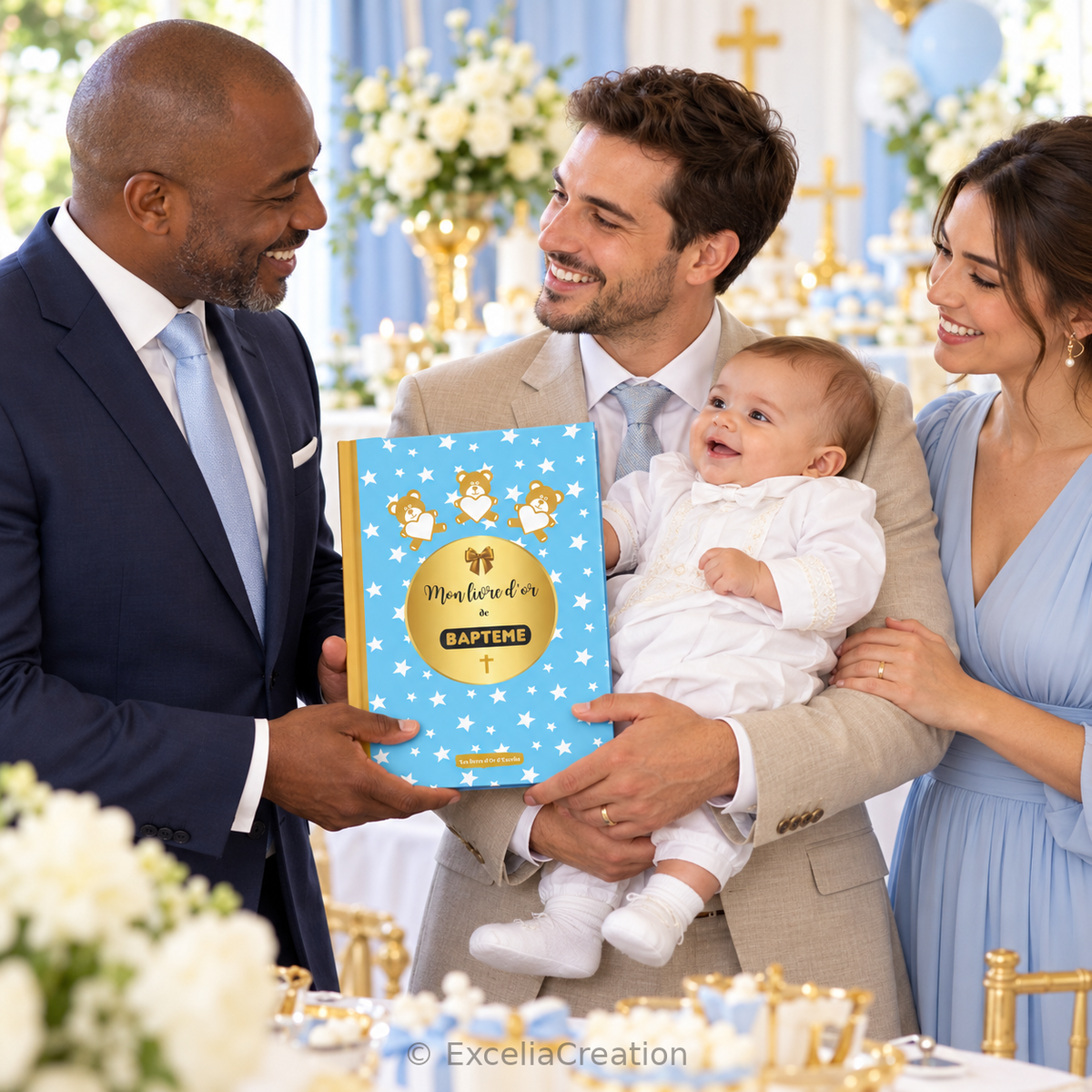 Livre d’or de baptême bleu étoilé — Livre d’or au baptême familial