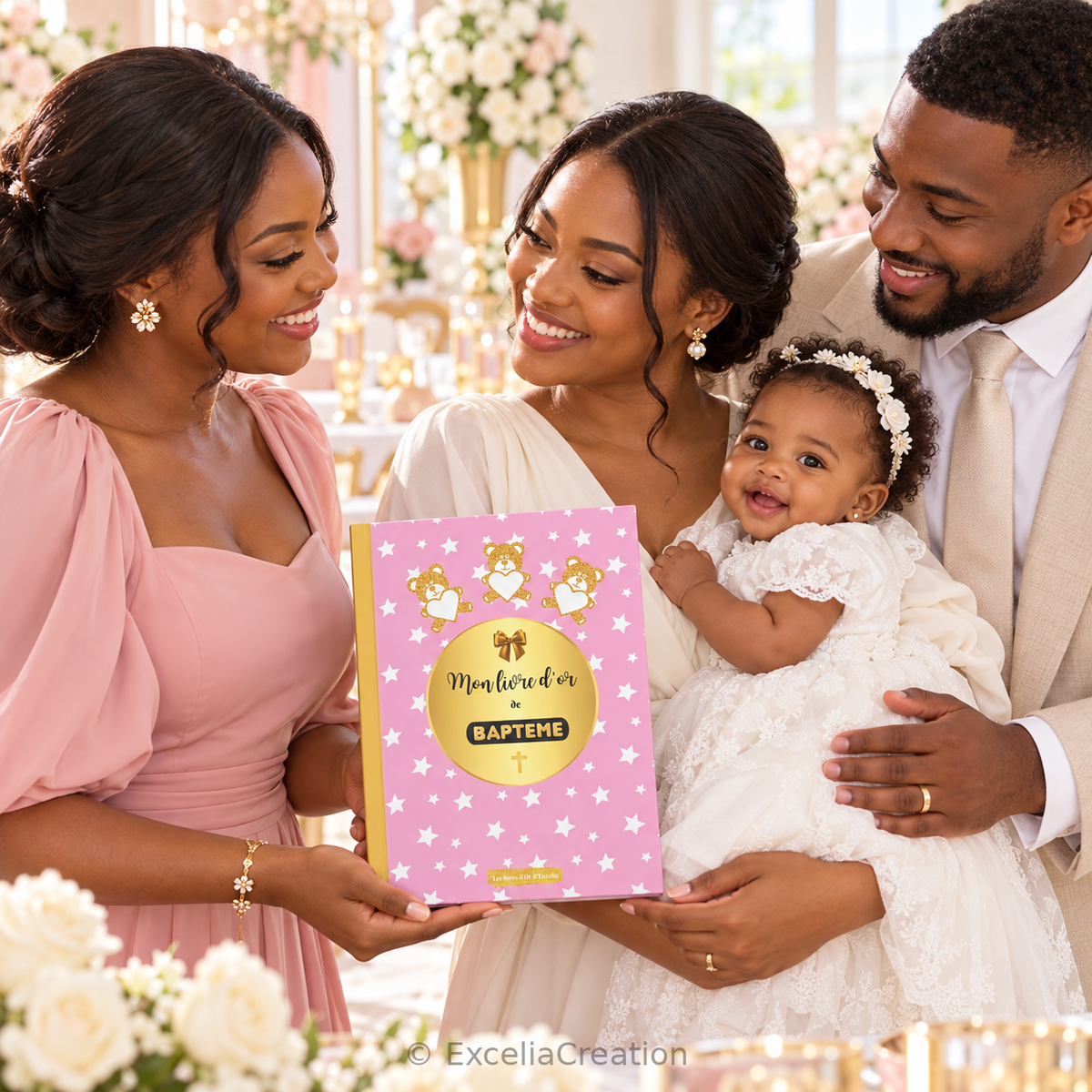 La marraine offre le livre d’or de baptême rose aux parents