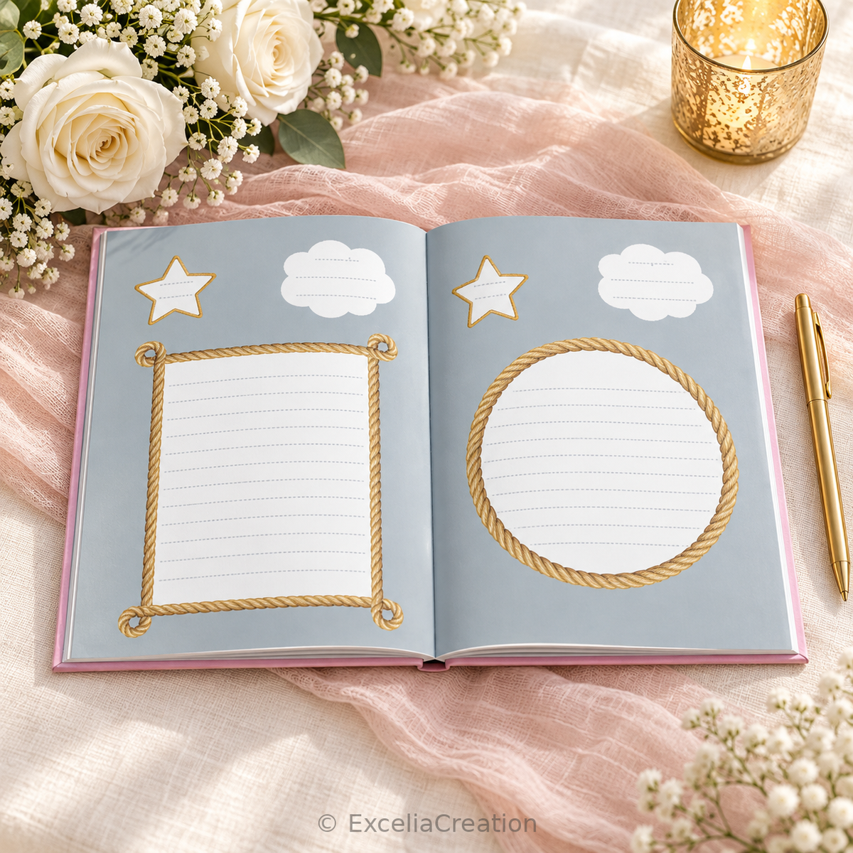 Double page du livre d’or avec espaces pour les messages des invités