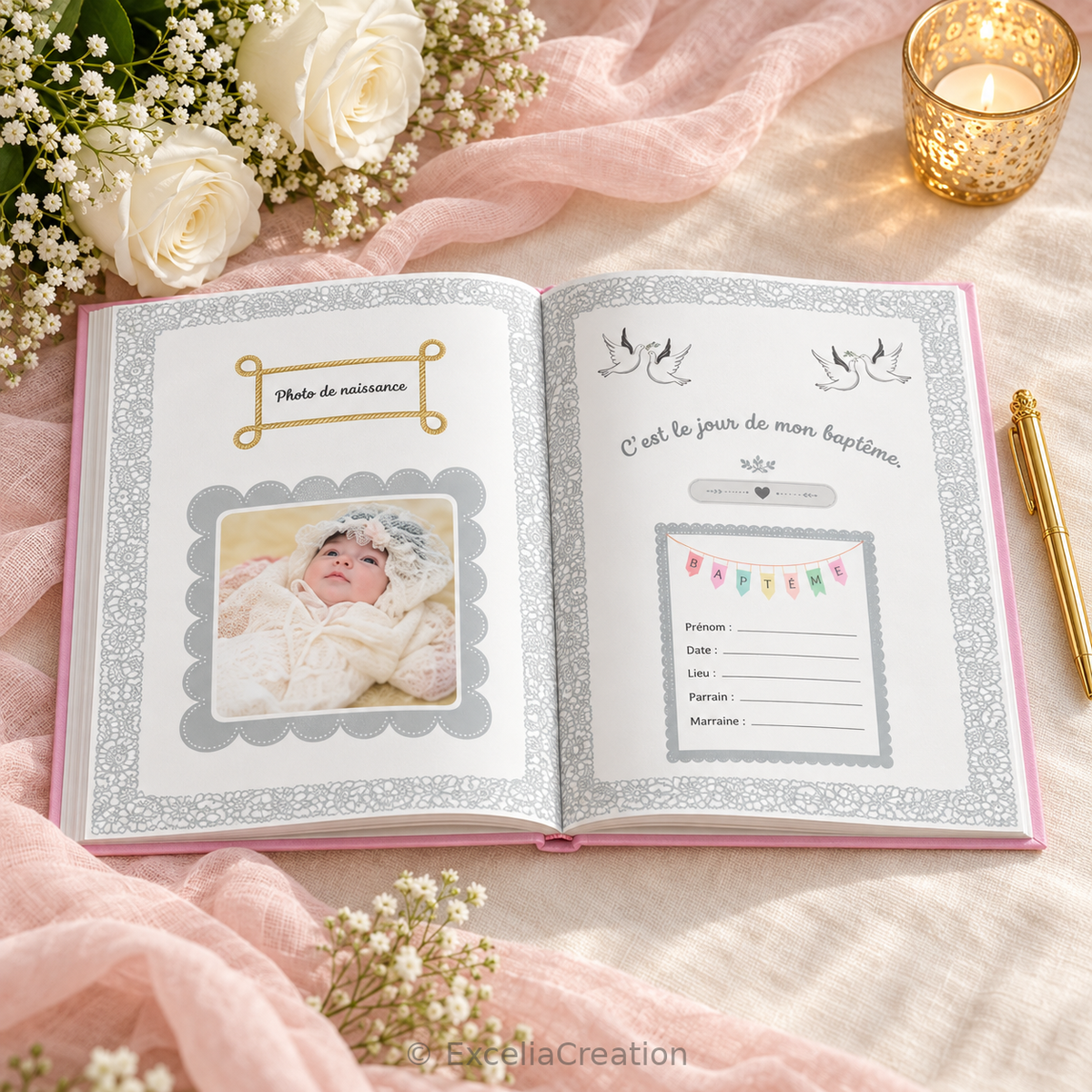 Photo de naissance et informations du baptême dans le livre d’or
