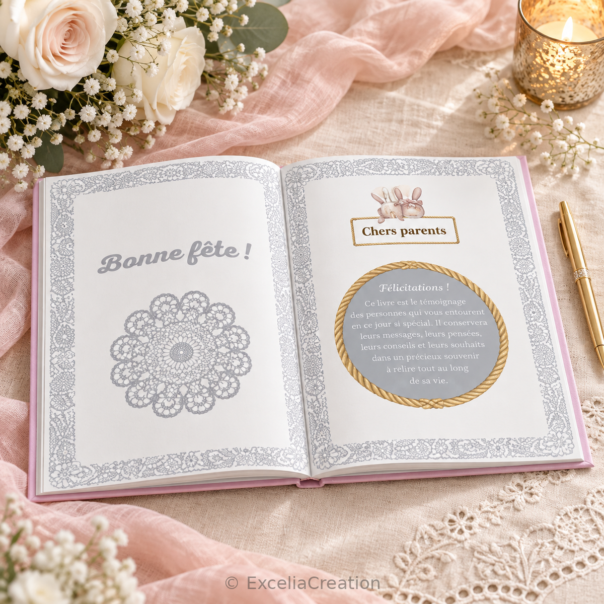 Double page Bonne fête et Chers parents du livre d’or rose