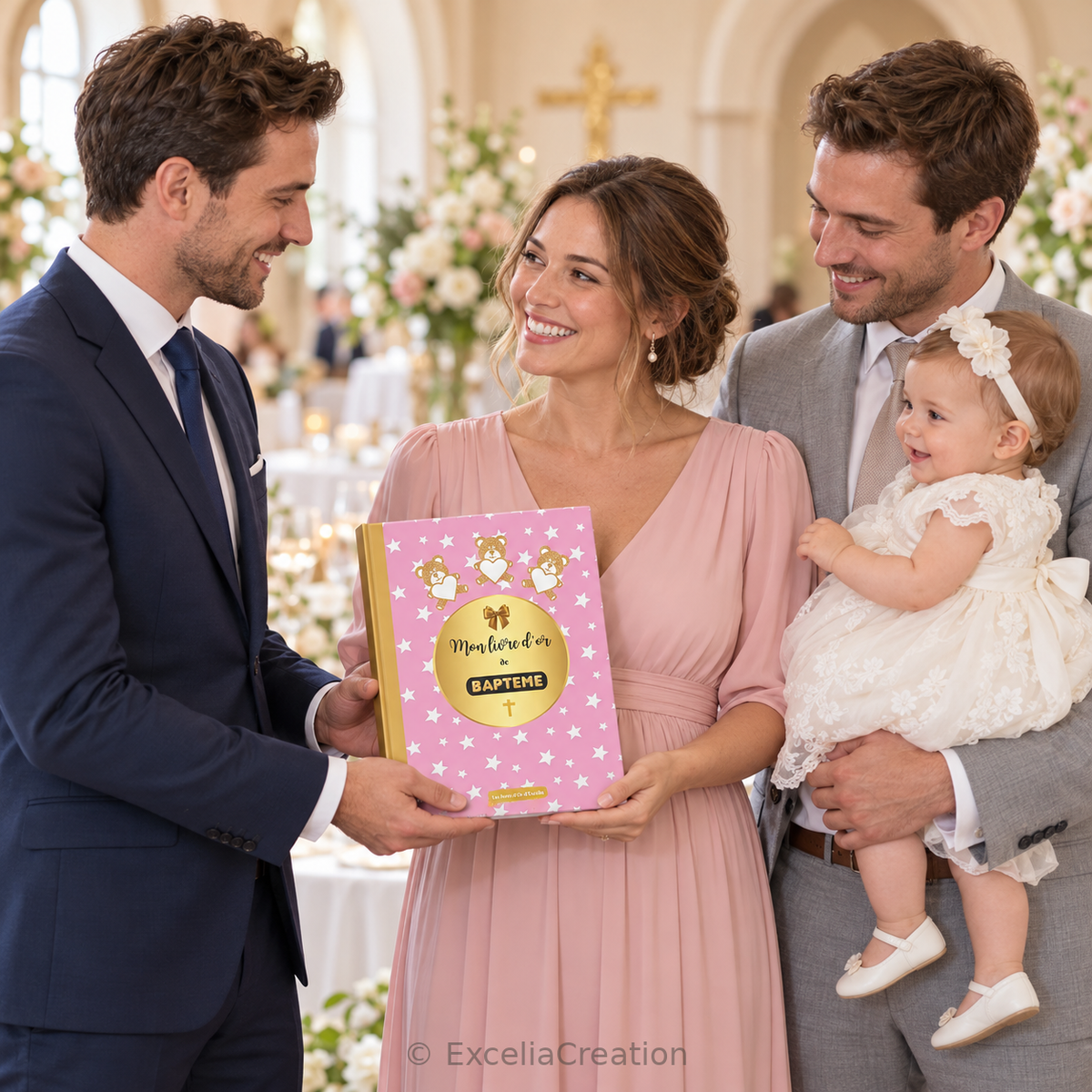 Le parrain offre le livre d’or rose pour le baptême d’une petite fille