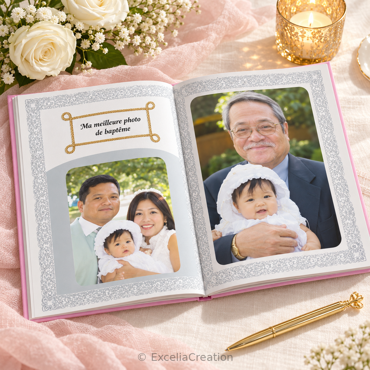 Double page du livre d’or consacrée aux photos de famille du baptême