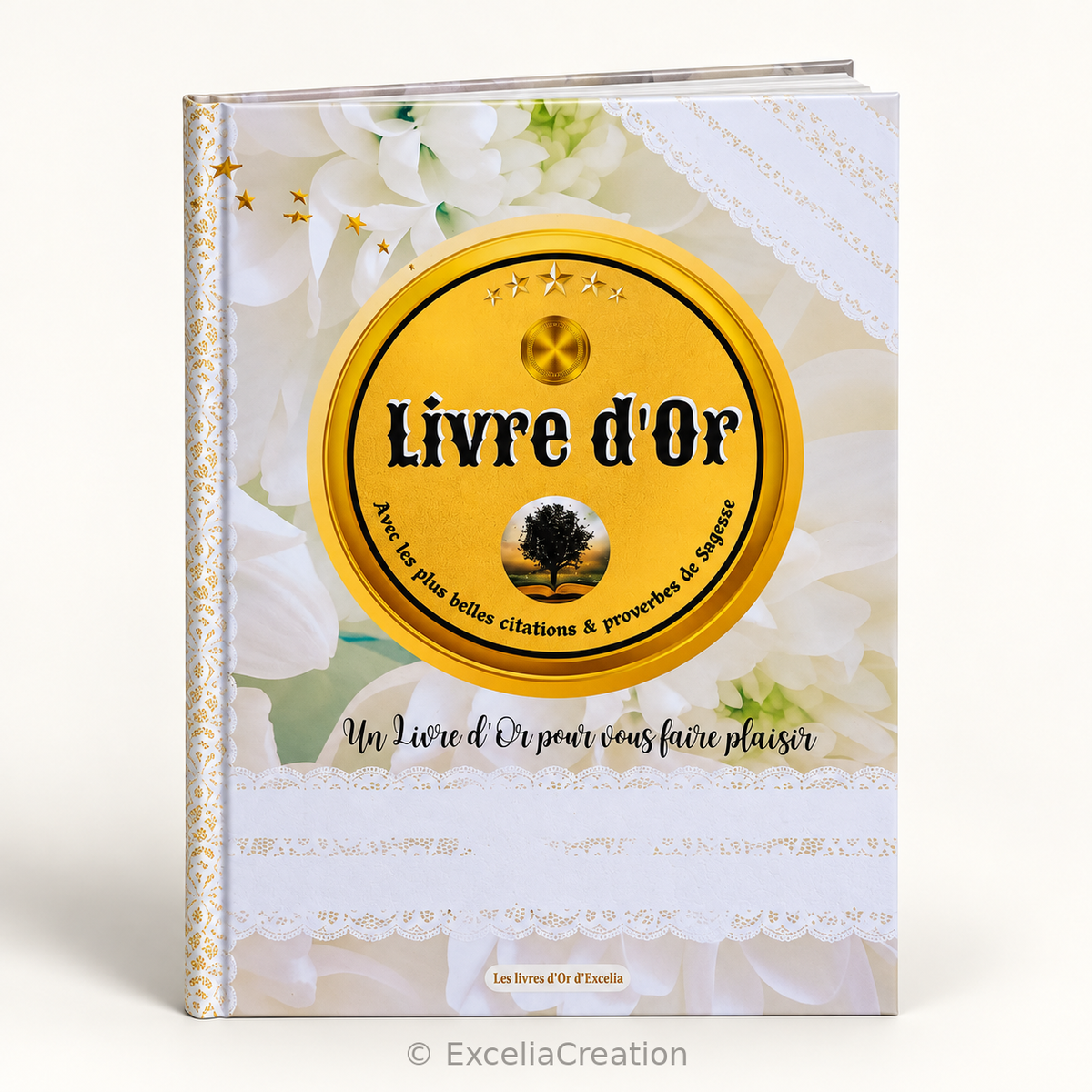 Couverture du livre d’or blanc floral avec citations et proverbes de sagesse